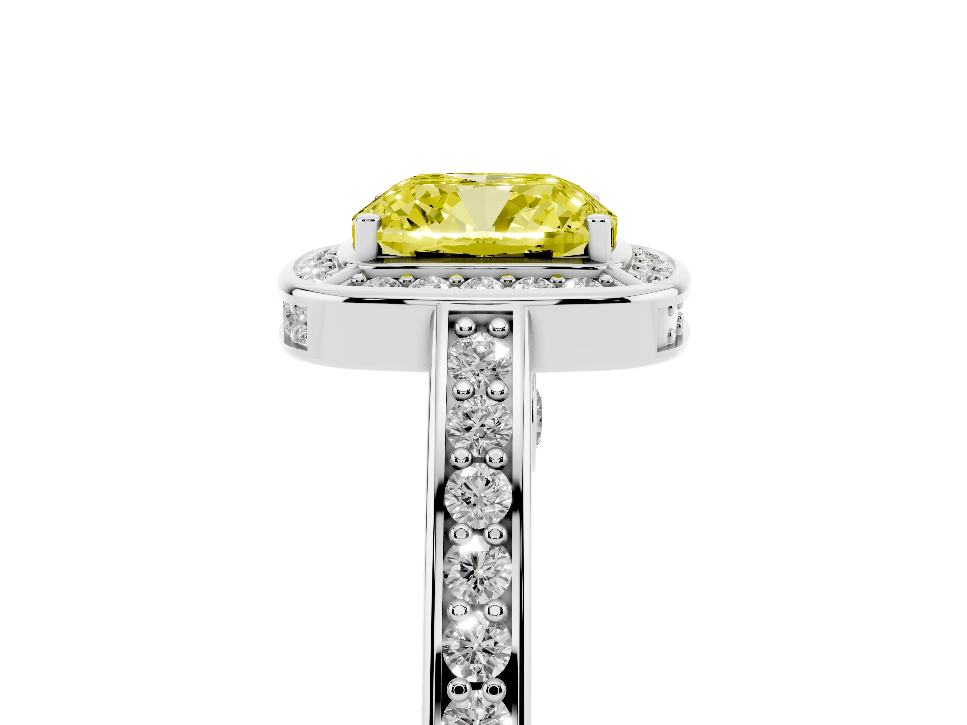Fancy Yellow Cushion Cut Diamond Halo Pavé Split Shank Ring Set in Silver with Prong Setting