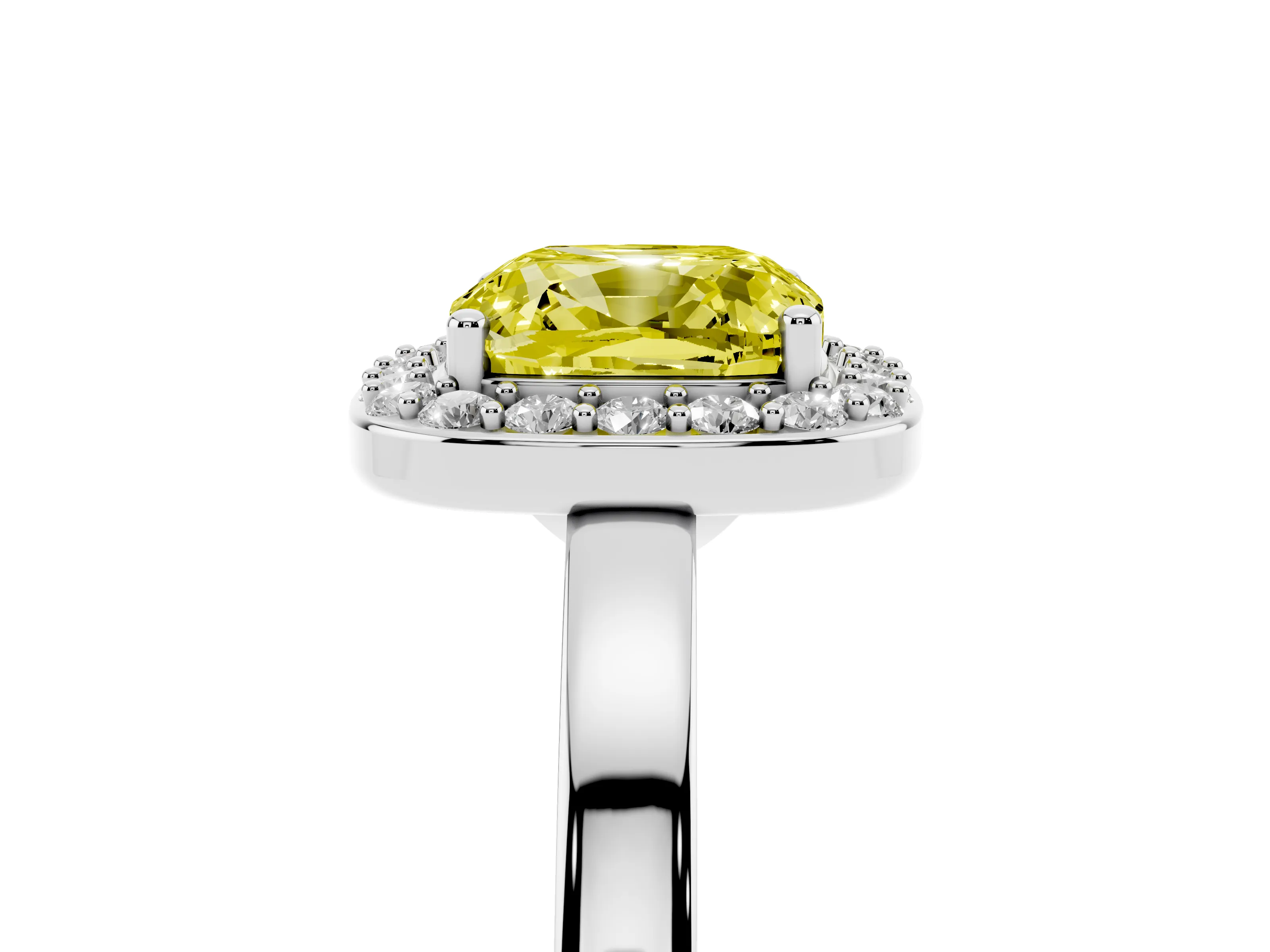 Fancy Yellow Cushion Cut Diamond Halo Ring Set in Platinum with Solitaire Band and Prong Setting