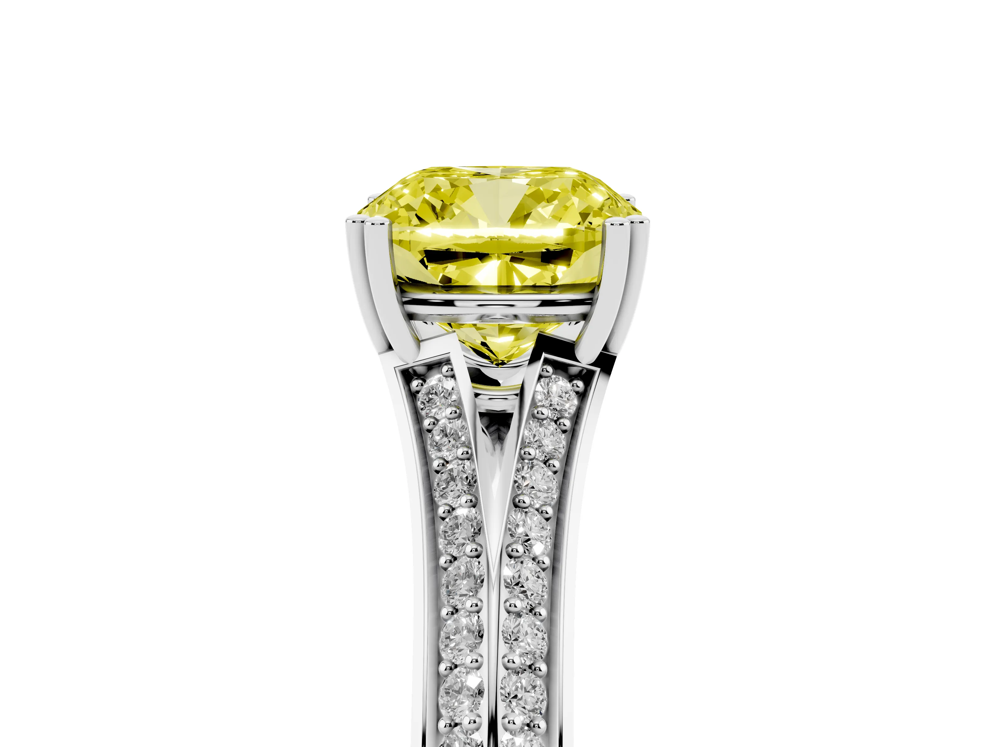 Fancy Yellow Cushion Cut Diamond Split Shank Pavé Engagement Ring Set in Platinum with Prong-Set Center Stone
