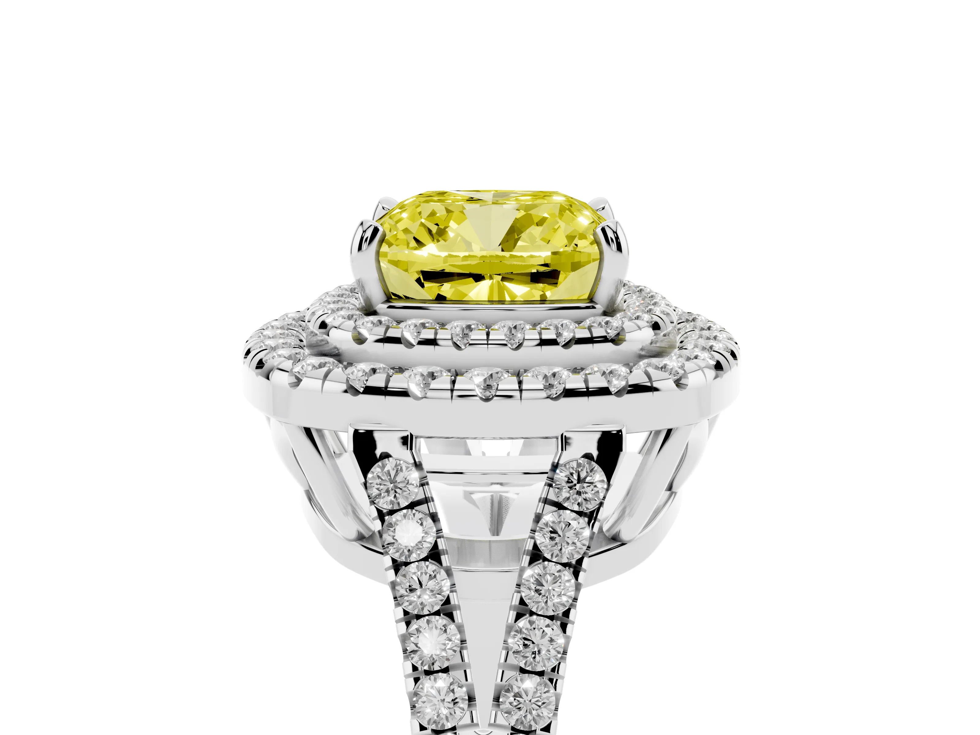 Fancy Yellow Cushion Cut Diamond Double Halo Ring Set in Platinum with Pavé Band