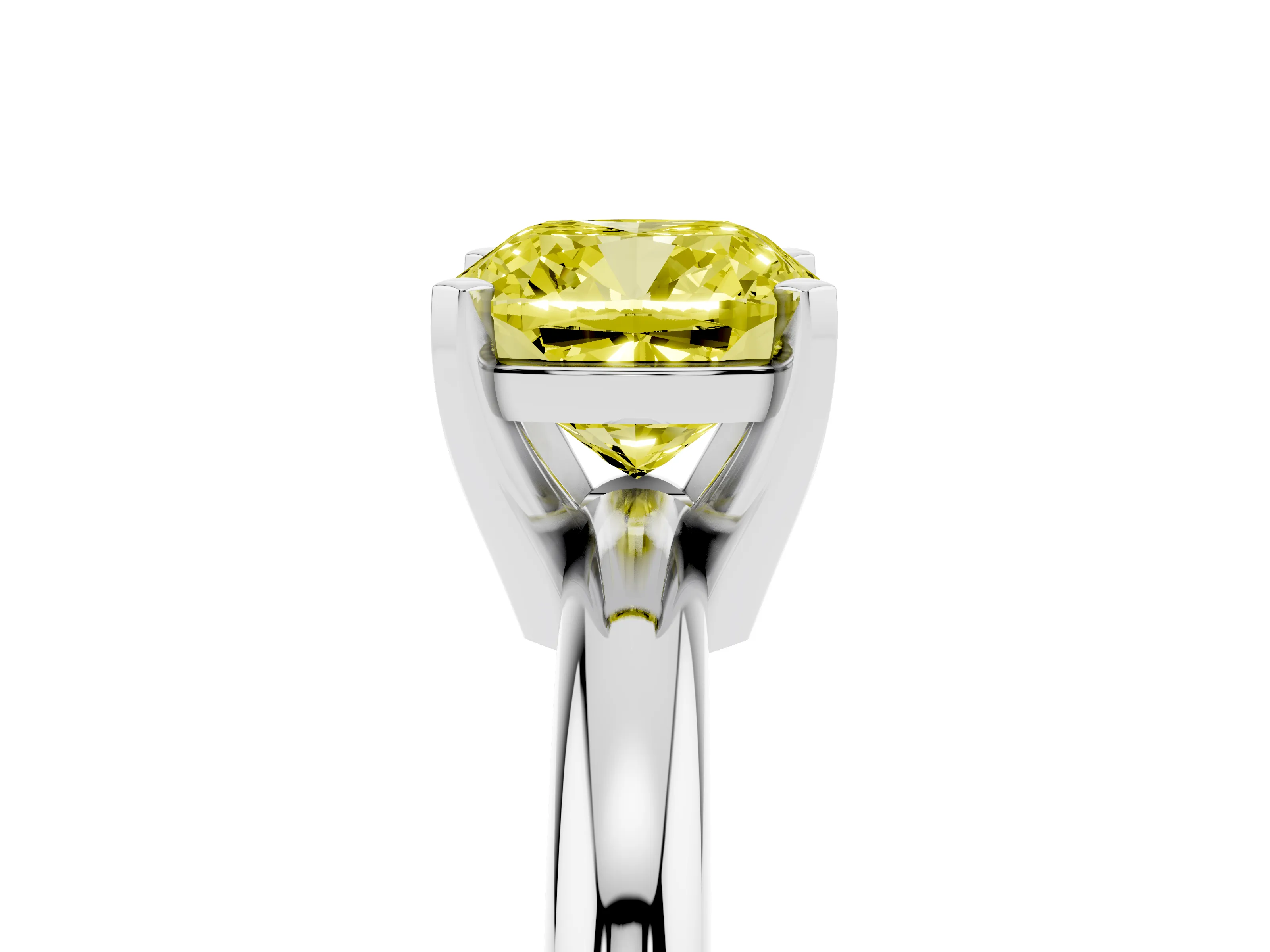 Fancy Yellow Cushion Cut Diamond Solitaire Engagement Ring Set in White gold with Round Band and Prong Setting
