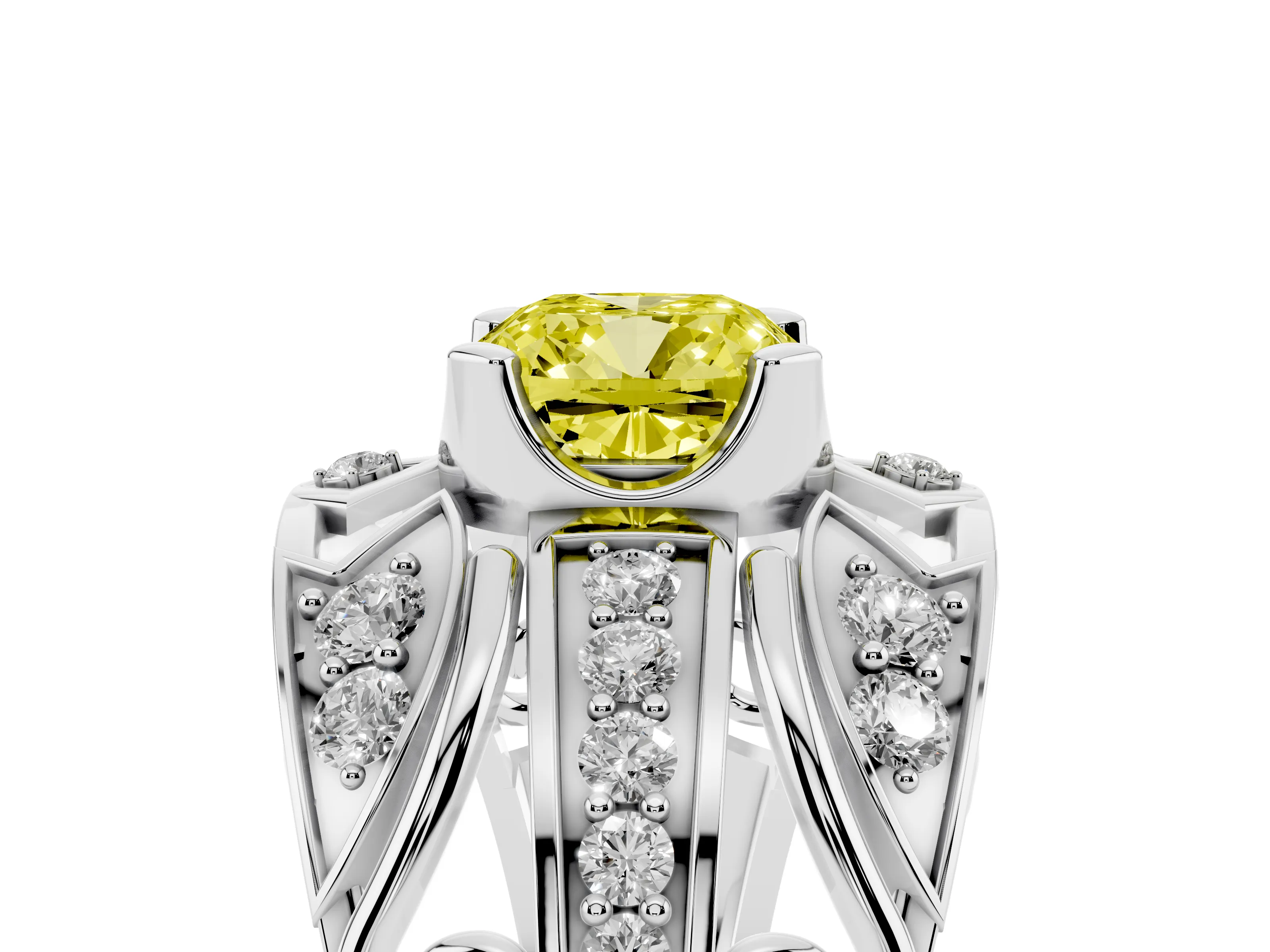 Fancy Yellow Cushion Cut Diamond Art Deco Ring Set in Platinum with Pavé Split Shank