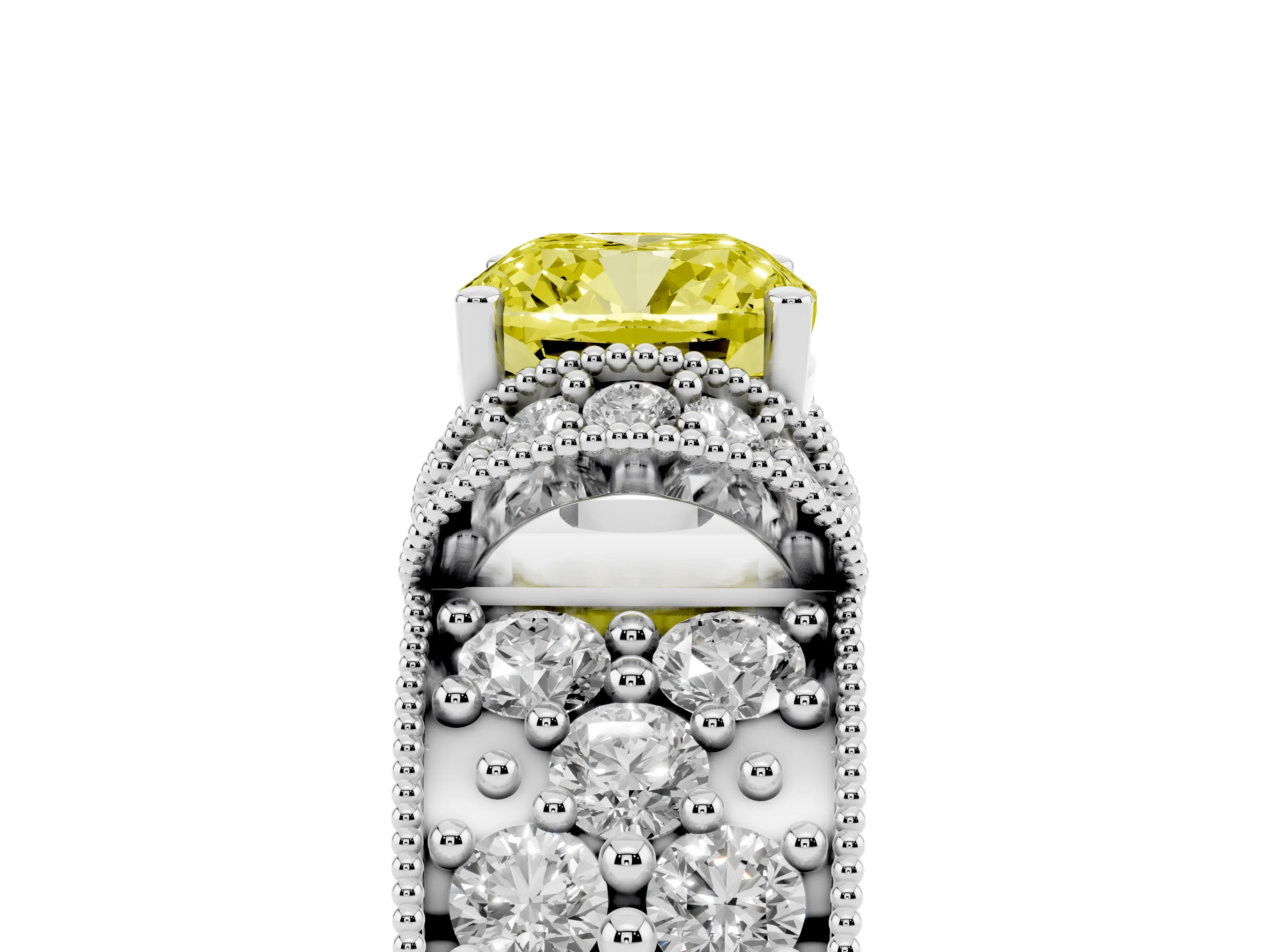 Fancy Yellow Cushion Cut Diamond Milgrain Halo Pavé Engagement Ring Set in Silver with Prong Setting