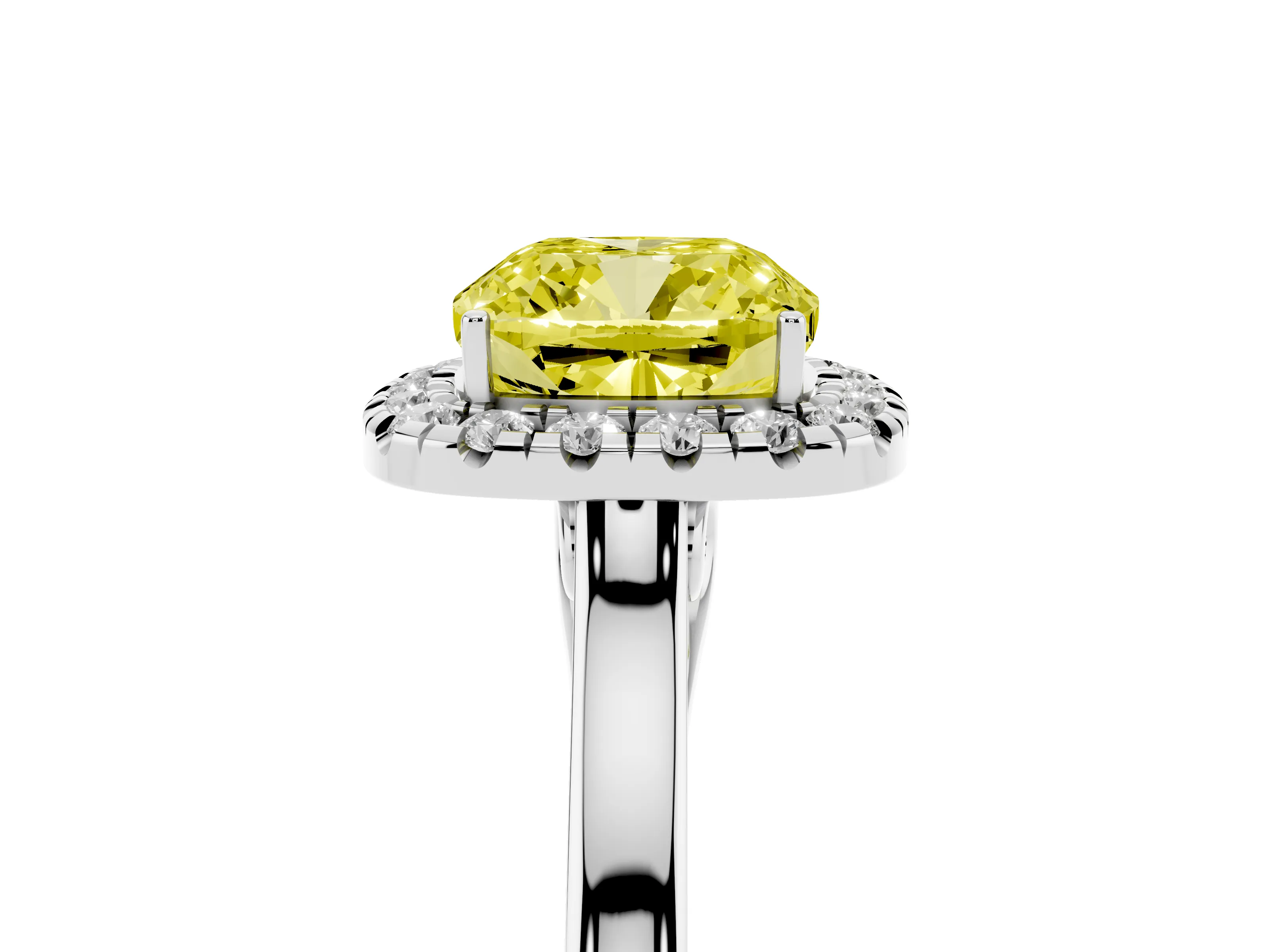 Fancy Yellow Cushion Cut Halo Round Diamond Solitaire Ring Set in White gold with Pavé Band and Prong Setting