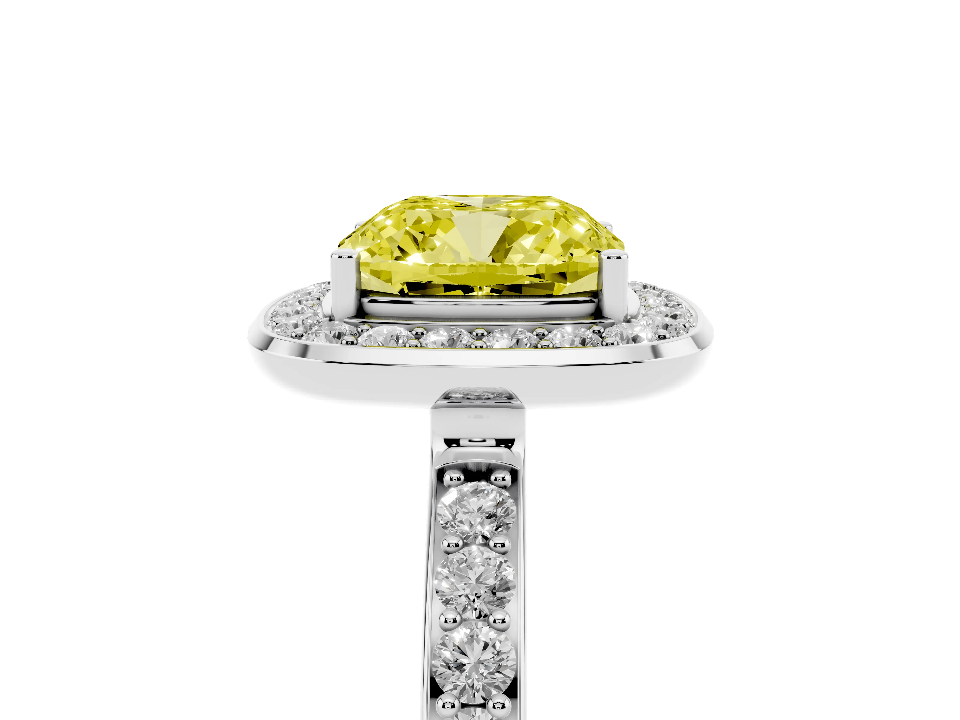 Fancy Yellow Cushion Cut Diamond Halo Ring Set in White gold with Bezel Frame and Pavé Band