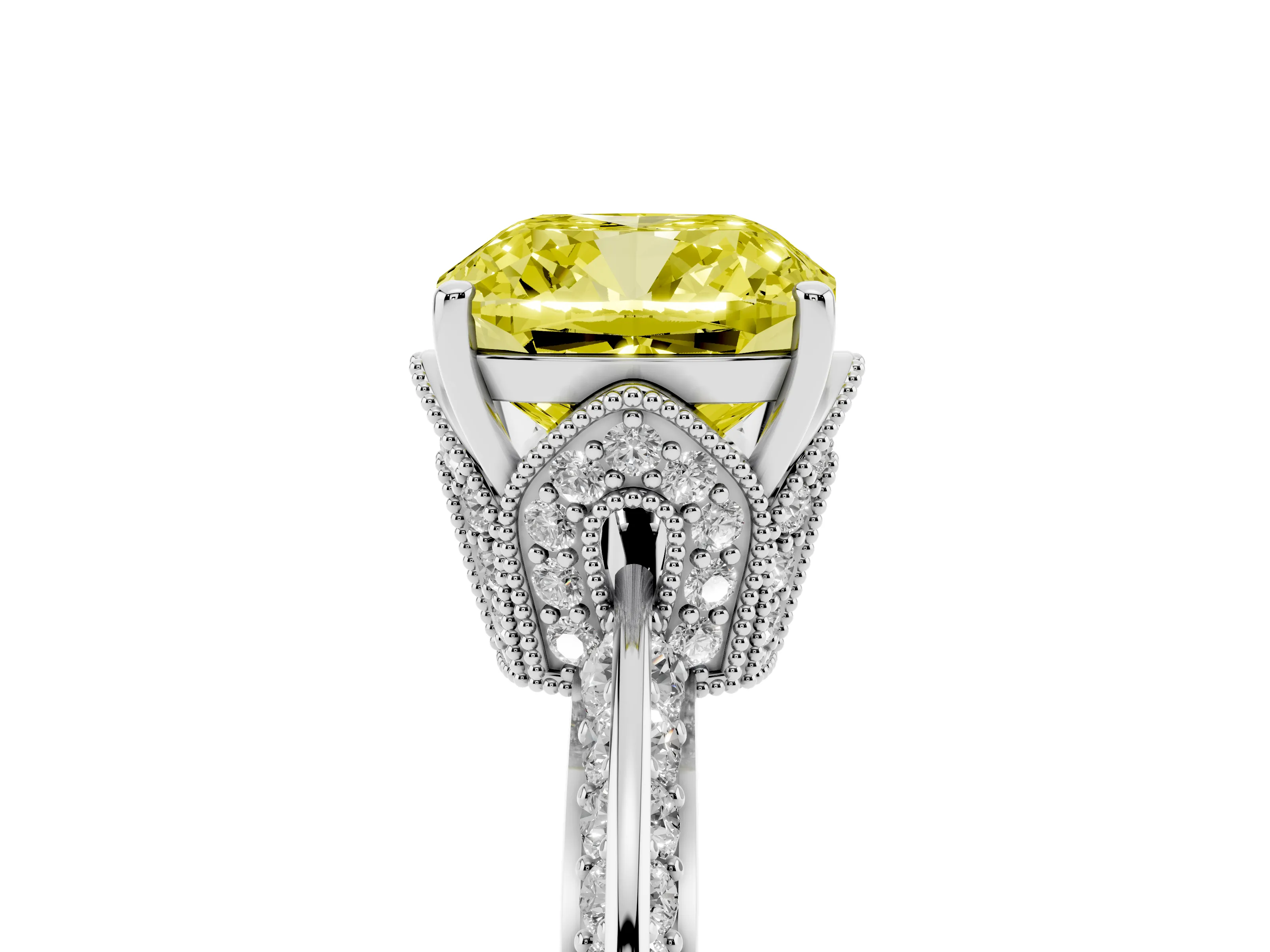 Fancy Yellow Cushion Cut Diamond Solitaire Engagement Ring Set in Platinum with Pavé Split Shank and Prong Setting