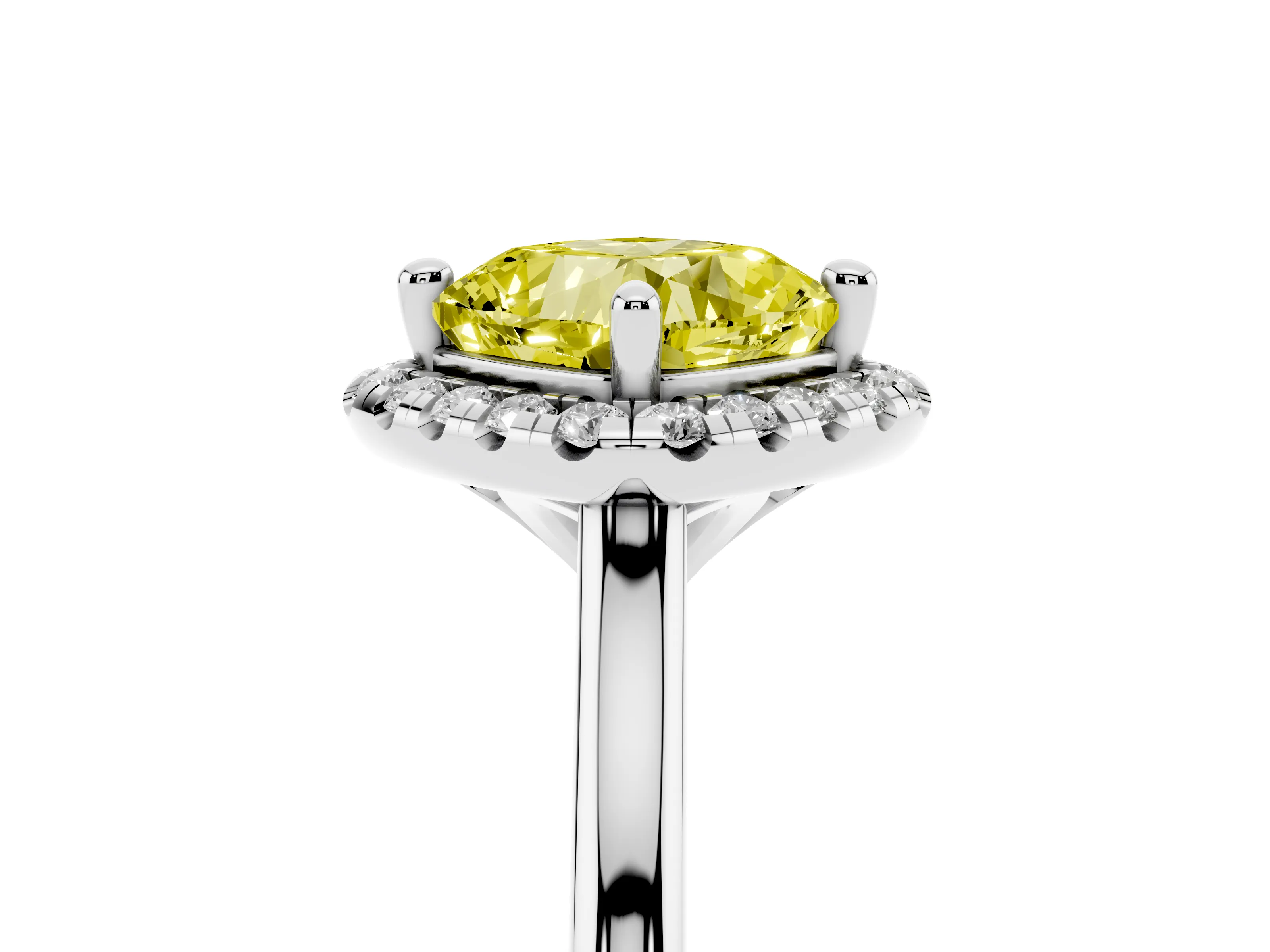 Fancy Yellow Cushion Cut Diamond Halo Engagement Ring Set in Platinum with Pavé Band and Rising Shoulders