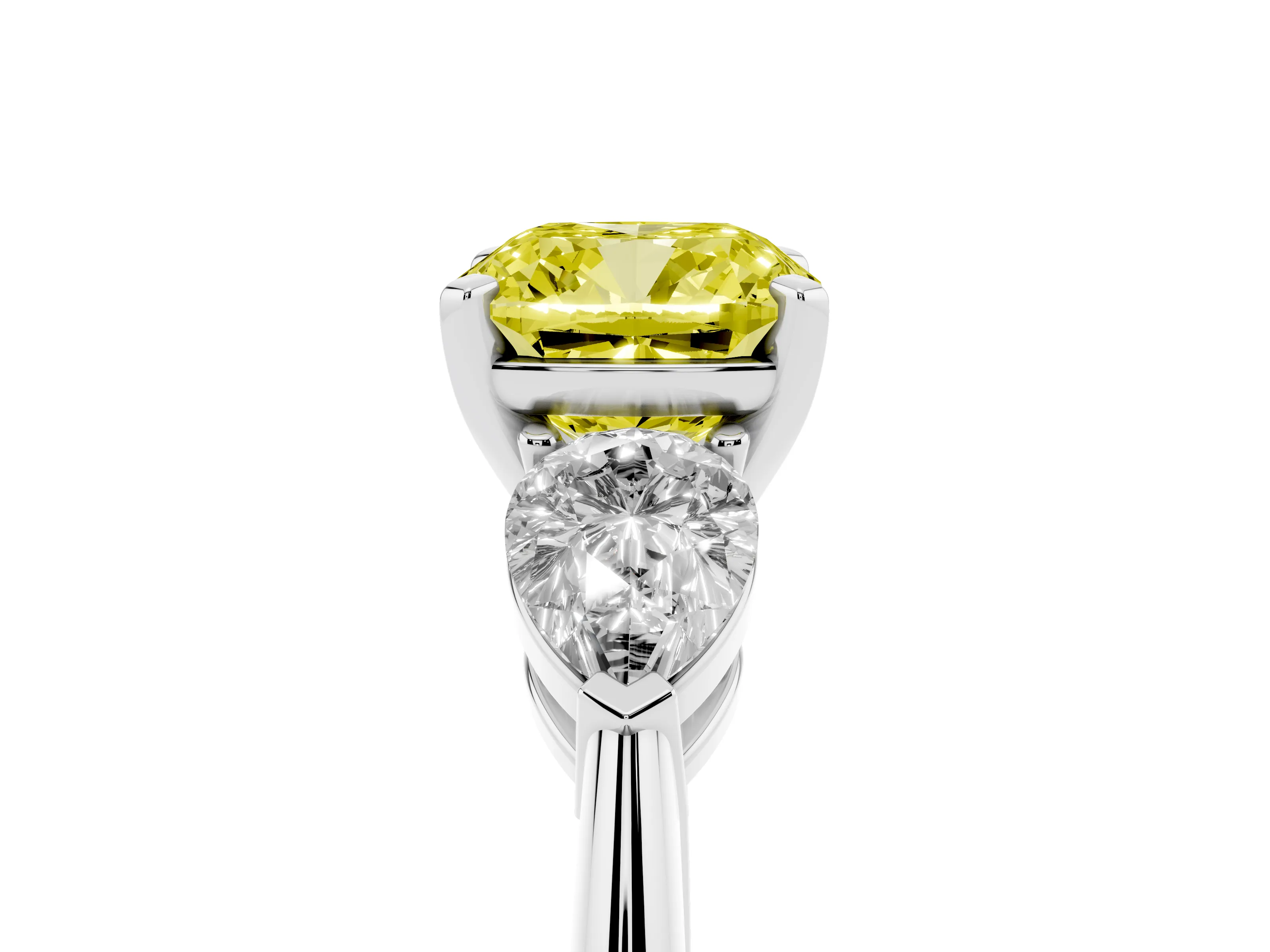 Fancy Yellow Three-Stone Cushion Cut Diamond Ring Set in Silver with Pear Side Stones and Prong Setting