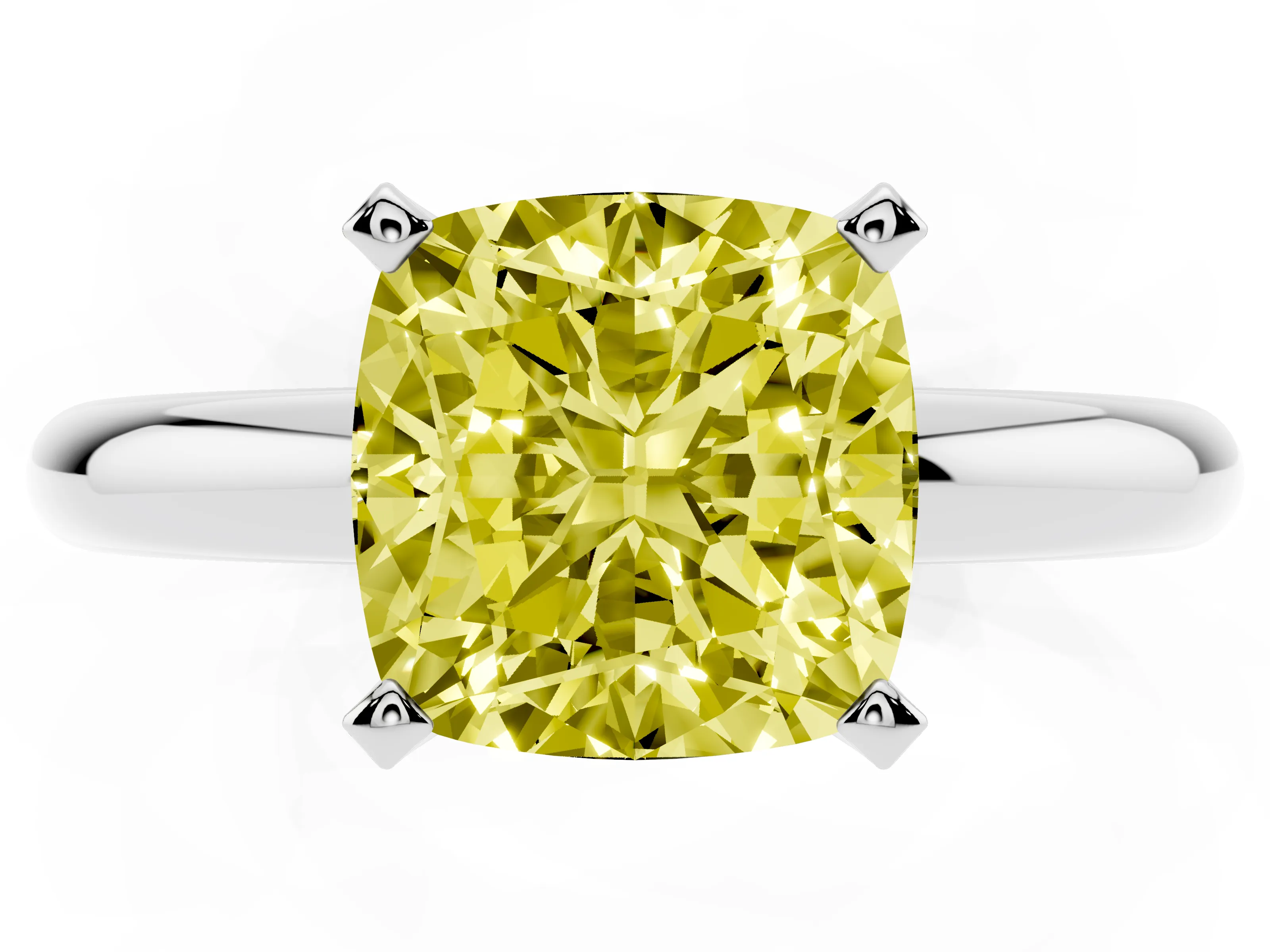Fancy Yellow Cushion Cut Diamond Solitaire Engagement Ring Set in White gold with Round Band and Prong Setting