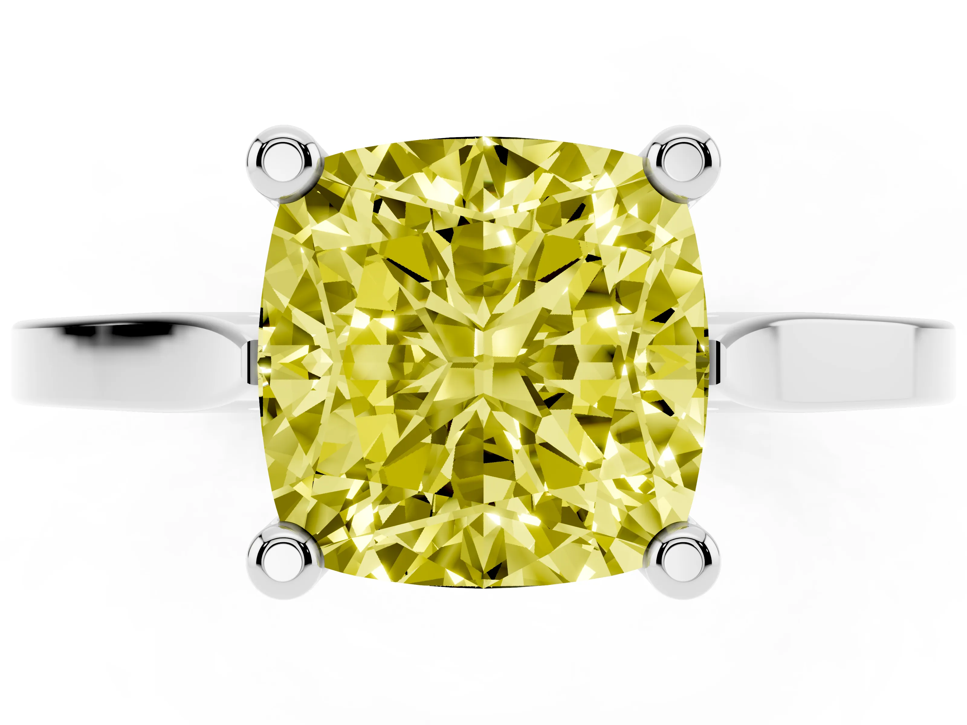 Fancy Yellow Cushion Cut Diamond Solitaire Ring Set in Platinum with Prong Setting and Tapered Band