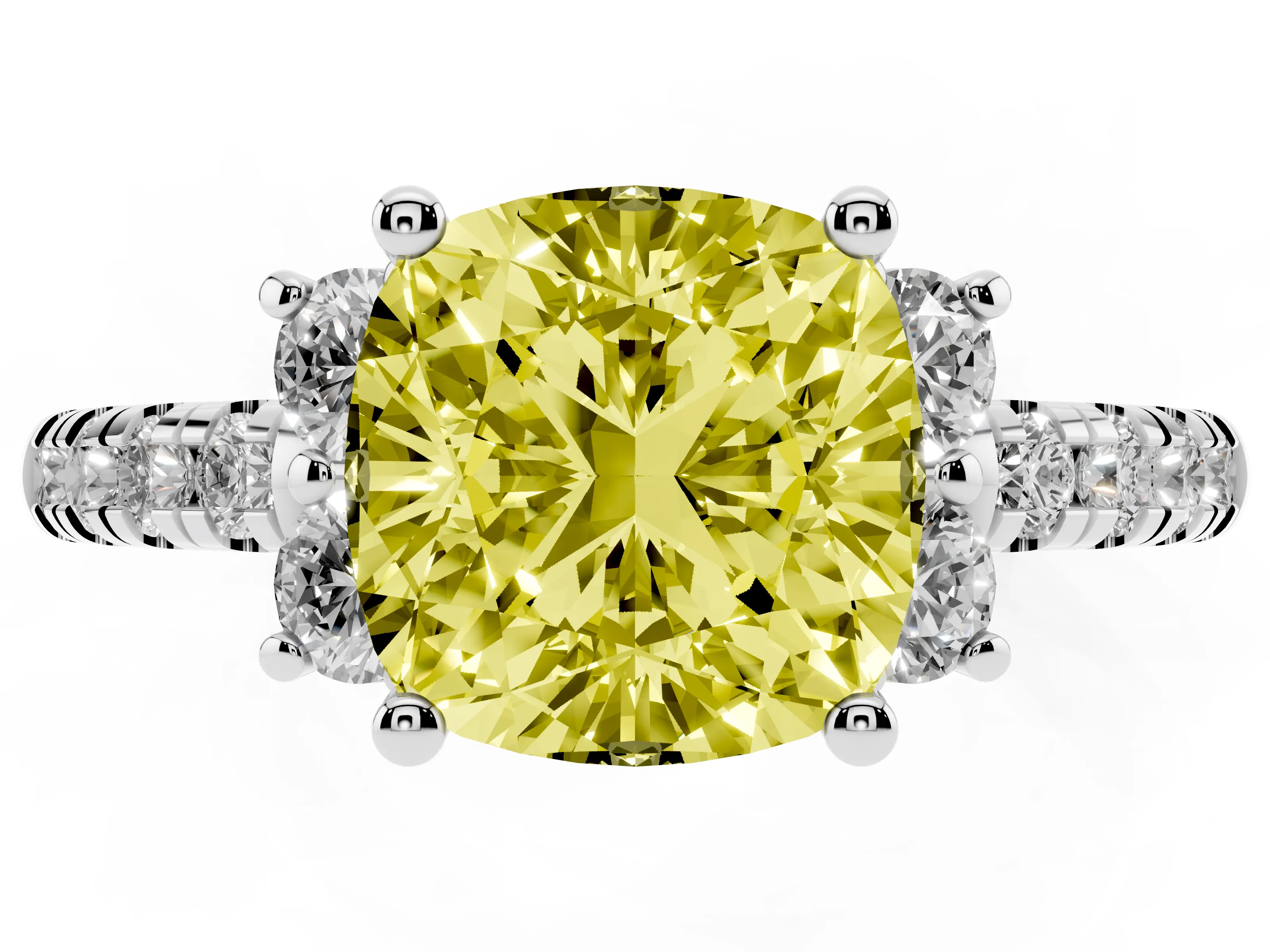 Fancy Yellow Cushion Cut Diamond Three-Stone Pavé Ring Set in Silver with Prong Setting