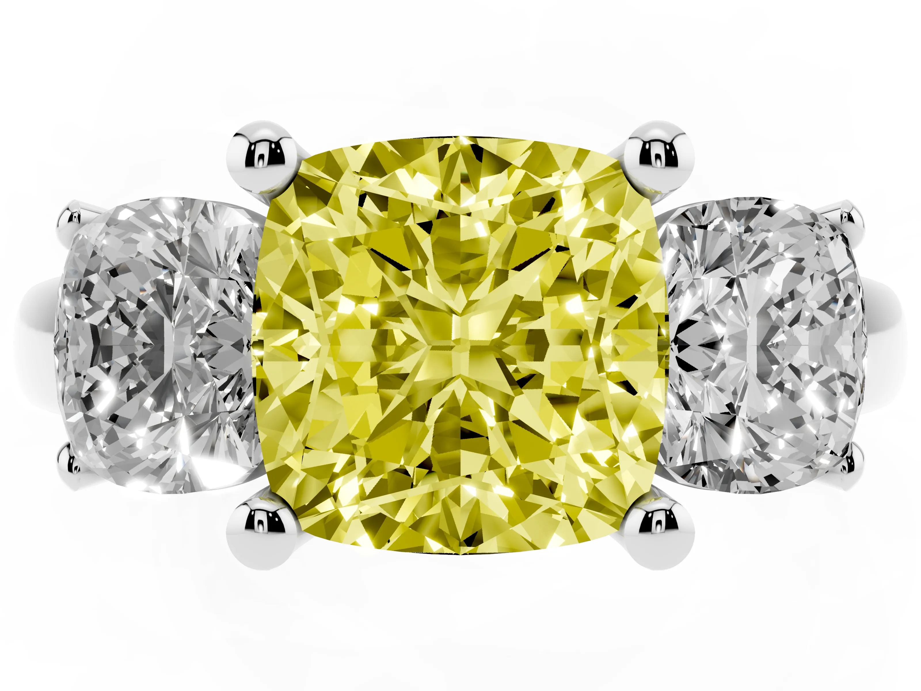 Fancy Yellow Cushion Cut Diamond Three-Stone Ring Set in White gold with Classic Prong Setting and Plain Band