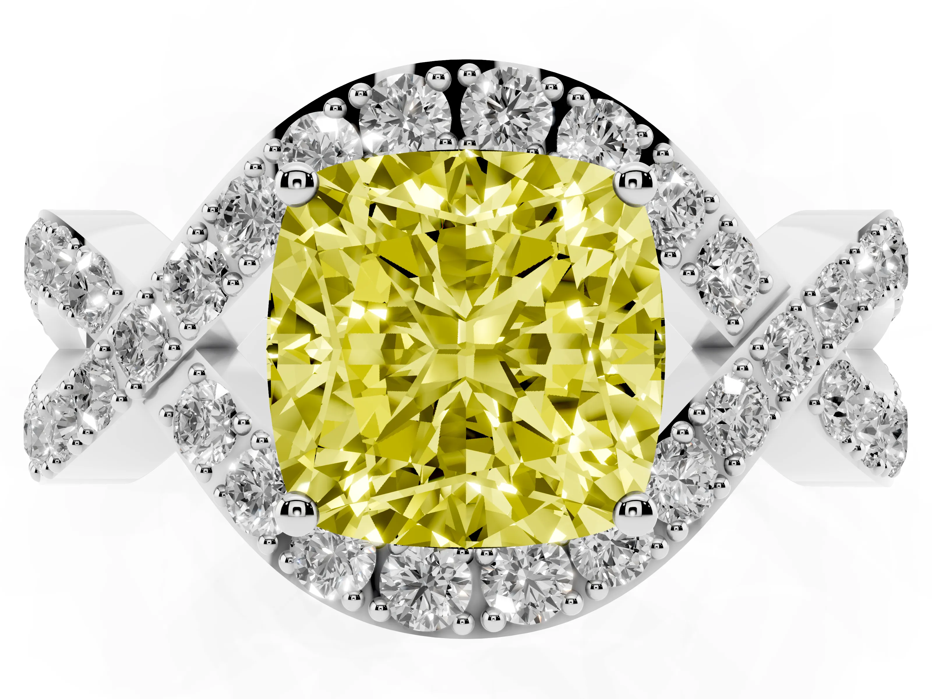 Fancy Yellow Cushion Cut Diamond Solitaire Twist Band Pavé Engagement Ring Set in White gold