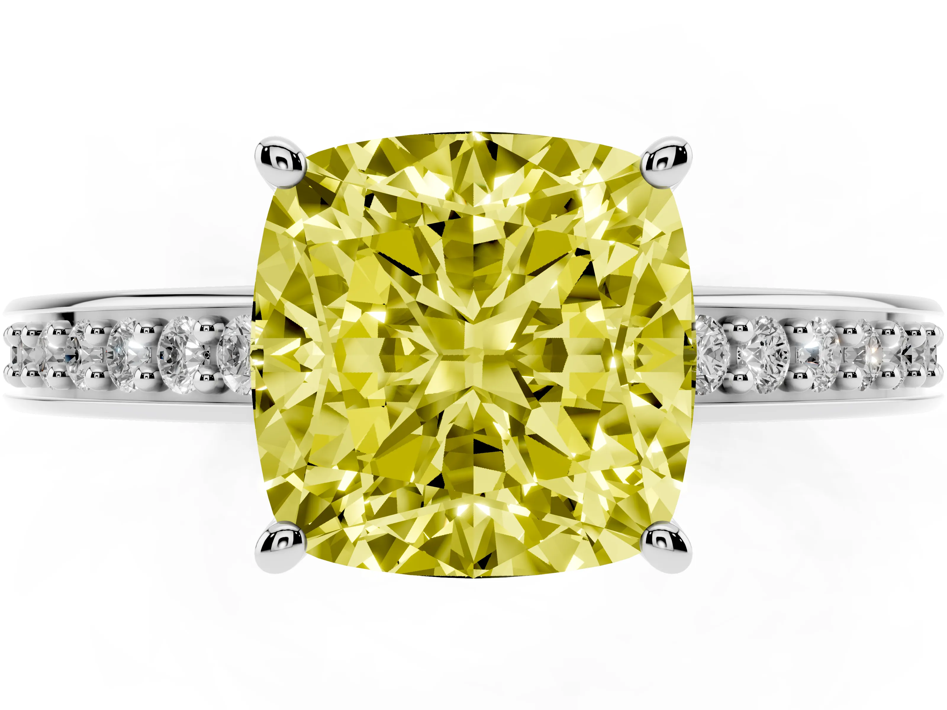 Fancy Yellow Cushion Cut Diamond Pavé Band Prong Set Solitaire Ring Set in Silver