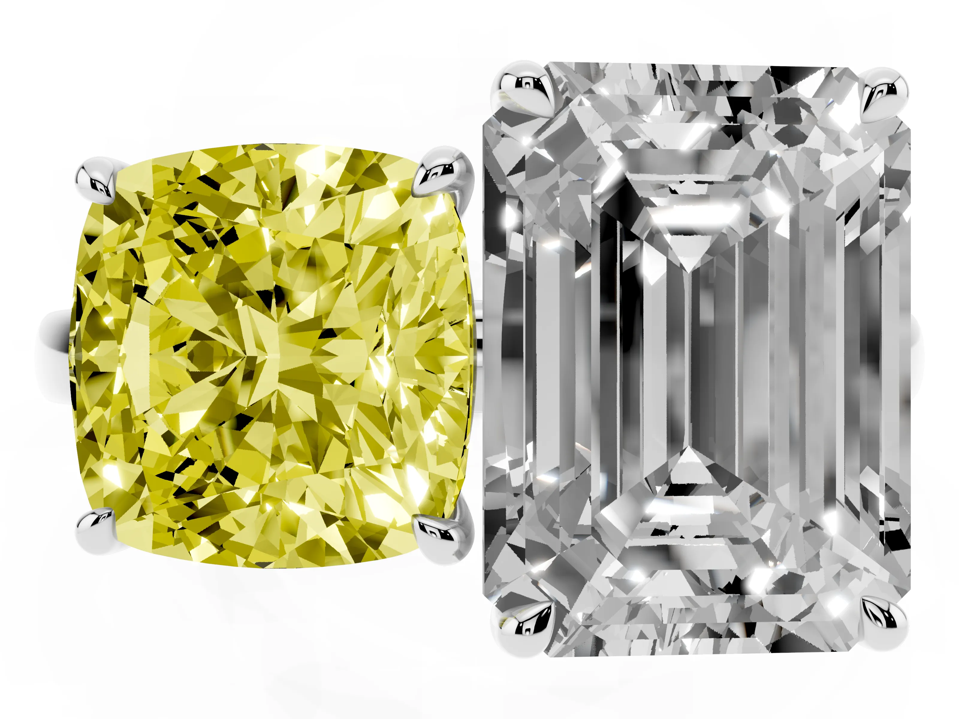 Fancy Yellow Cushion Cut and Emerald Cut Toi Moi Ring Set in Platinum with Prong Setting