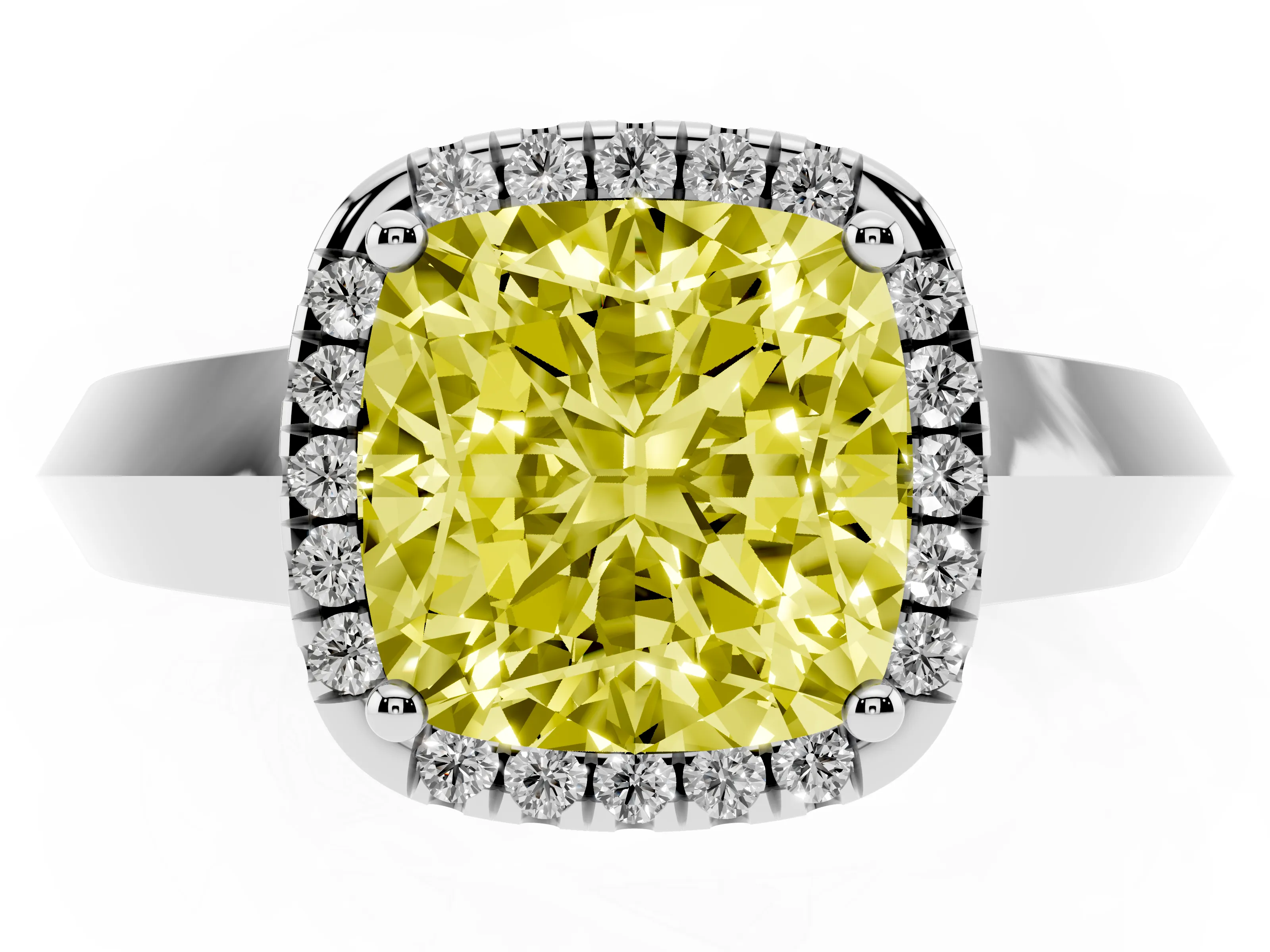 Fancy Yellow Cushion Cut Diamond Halo Ring Set in Silver with Cathedral Band and Prong Setting