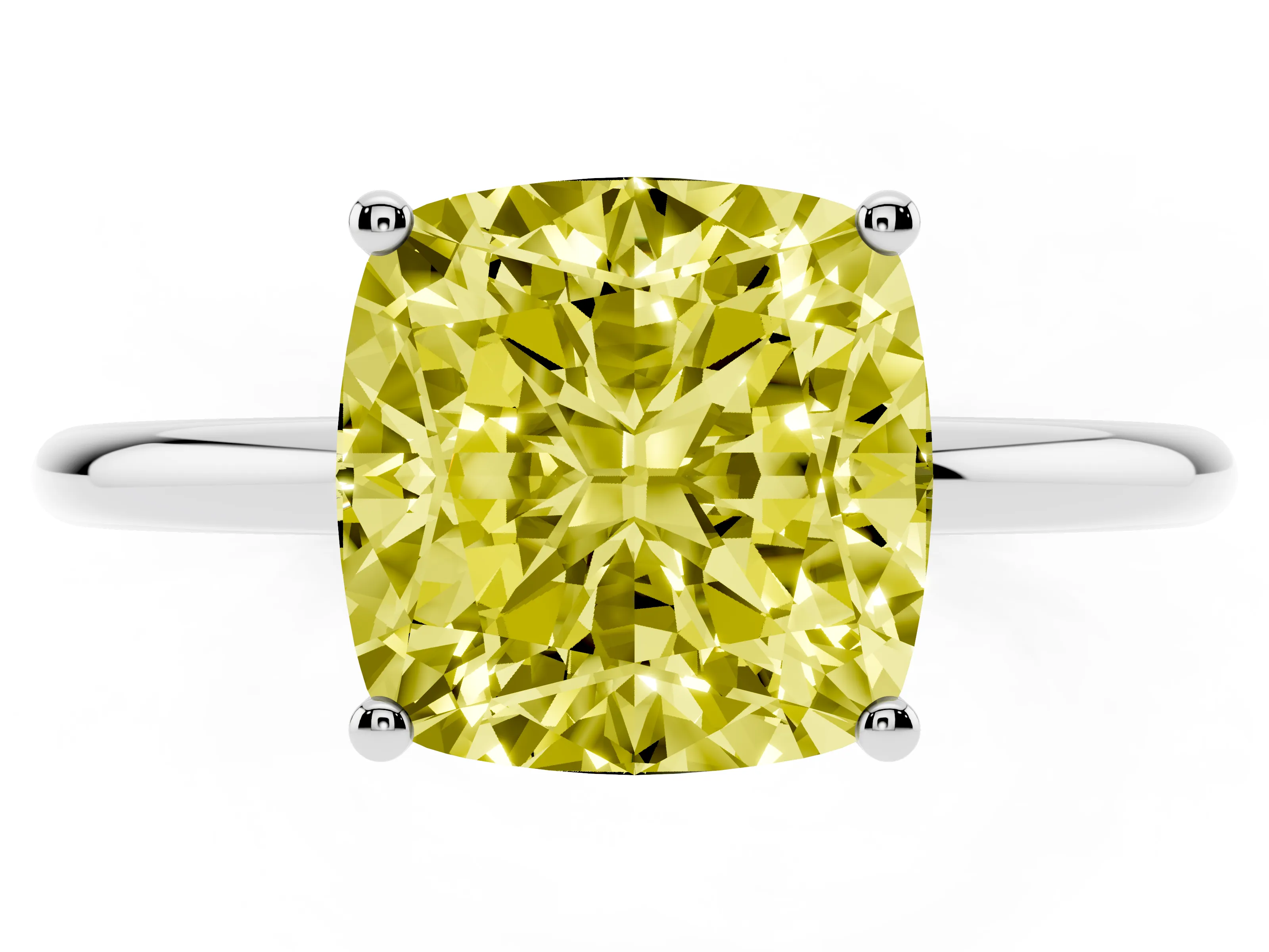 Fancy Yellow Cushion Cut Diamond Solitaire Engagement Ring Set in White gold with Thin Band and Prong Setting