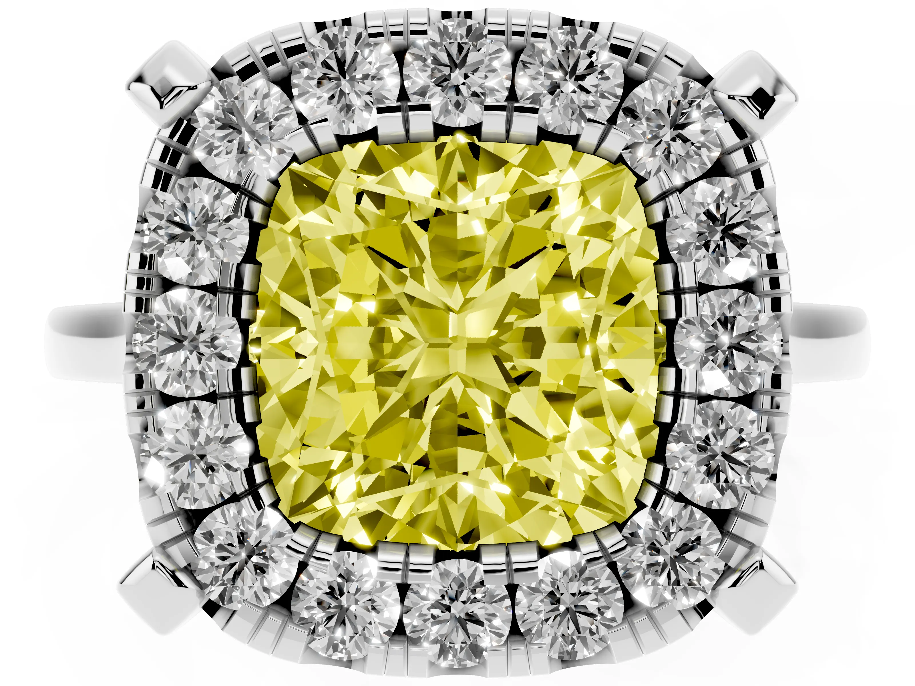 Fancy Yellow Cushion Cut Diamond Cluster Halo Solitaire Ring Set in Silver with Prong Setting