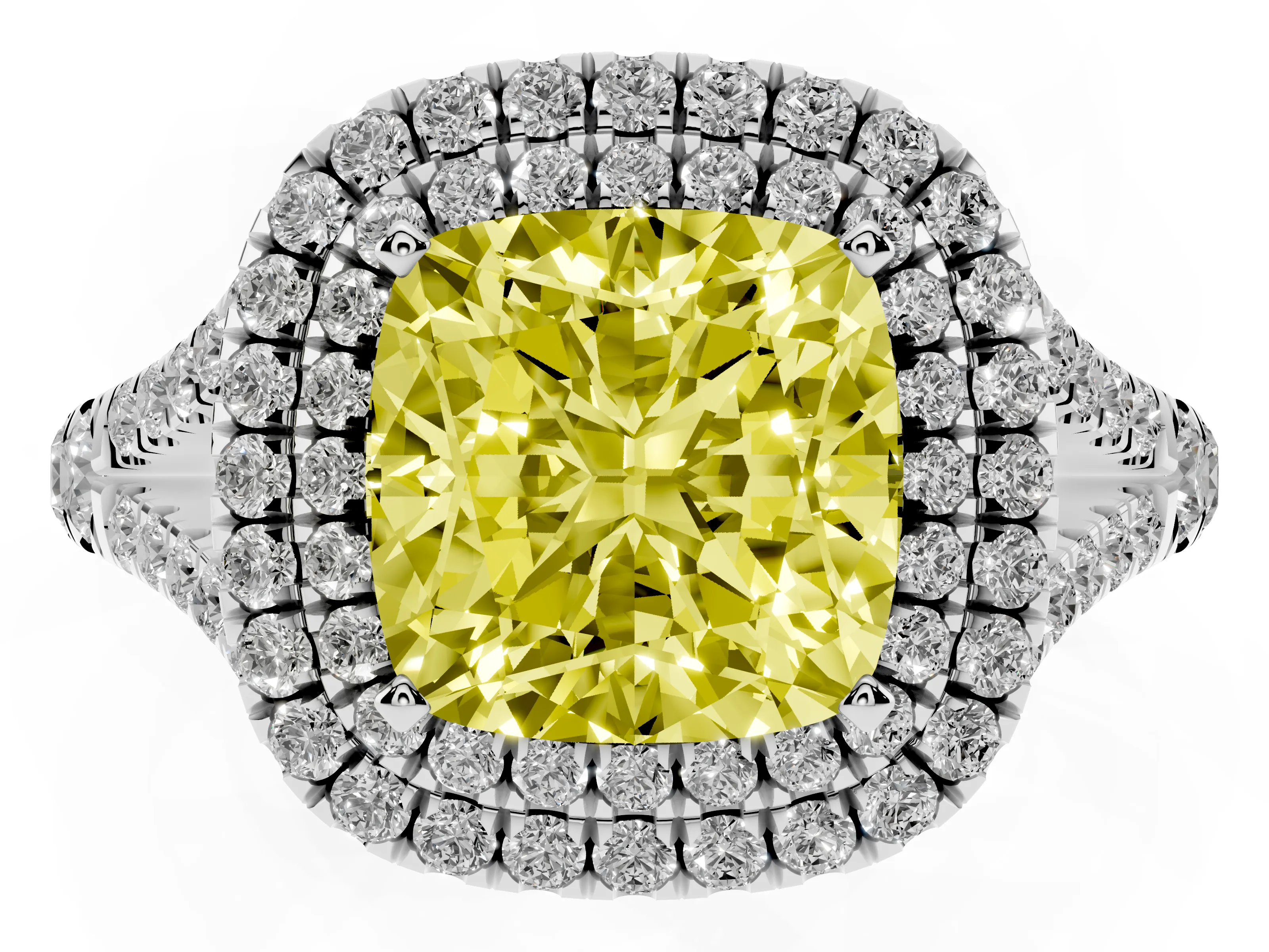 Fancy Yellow Cushion Cut Diamond Pavé Split Shank Double Halo Engagement Ring Set in Platinum