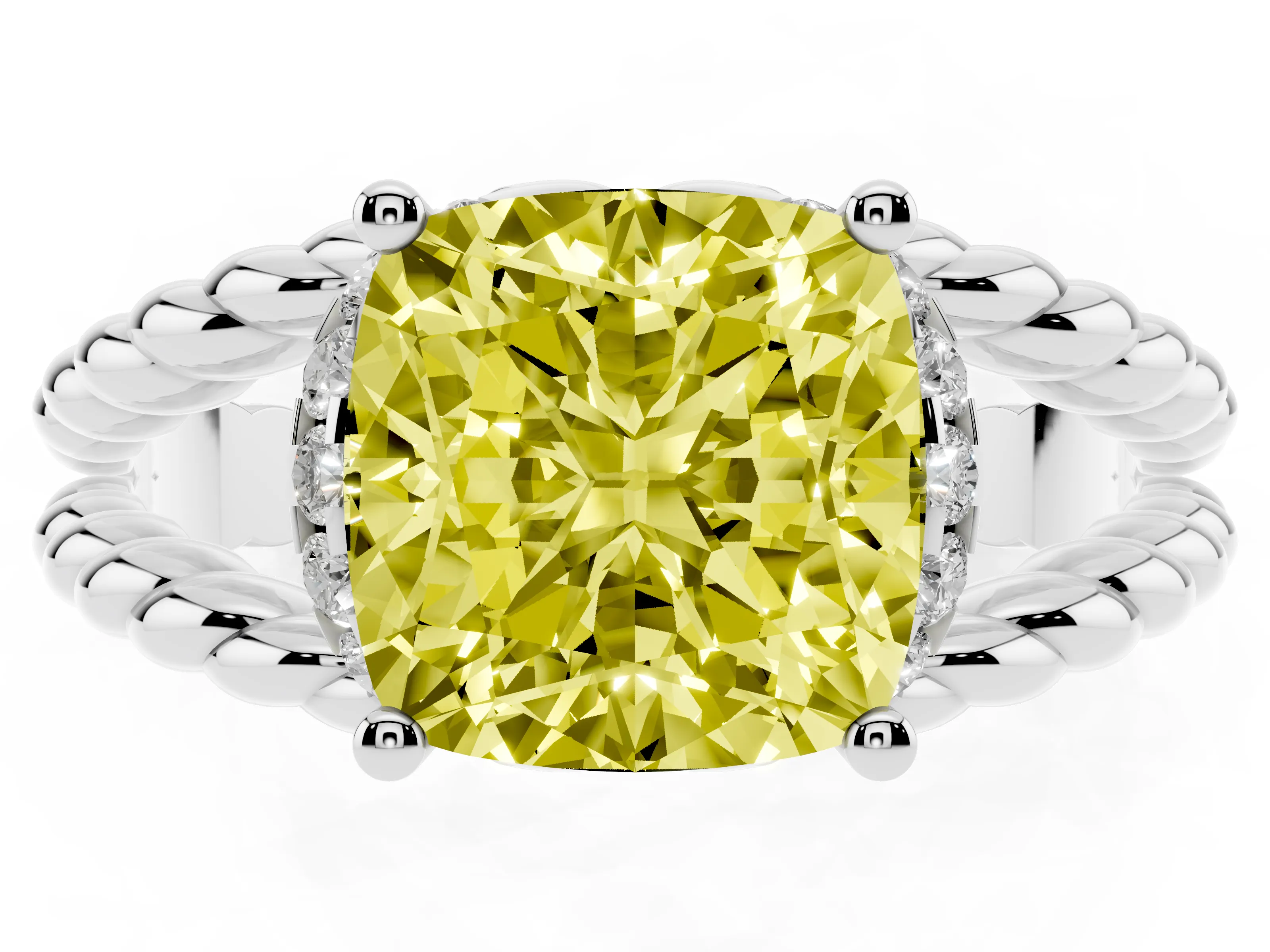 Fancy Yellow Cushion Cut Diamond Halo Ring Set in White gold with Twisted Band and Prong Setting