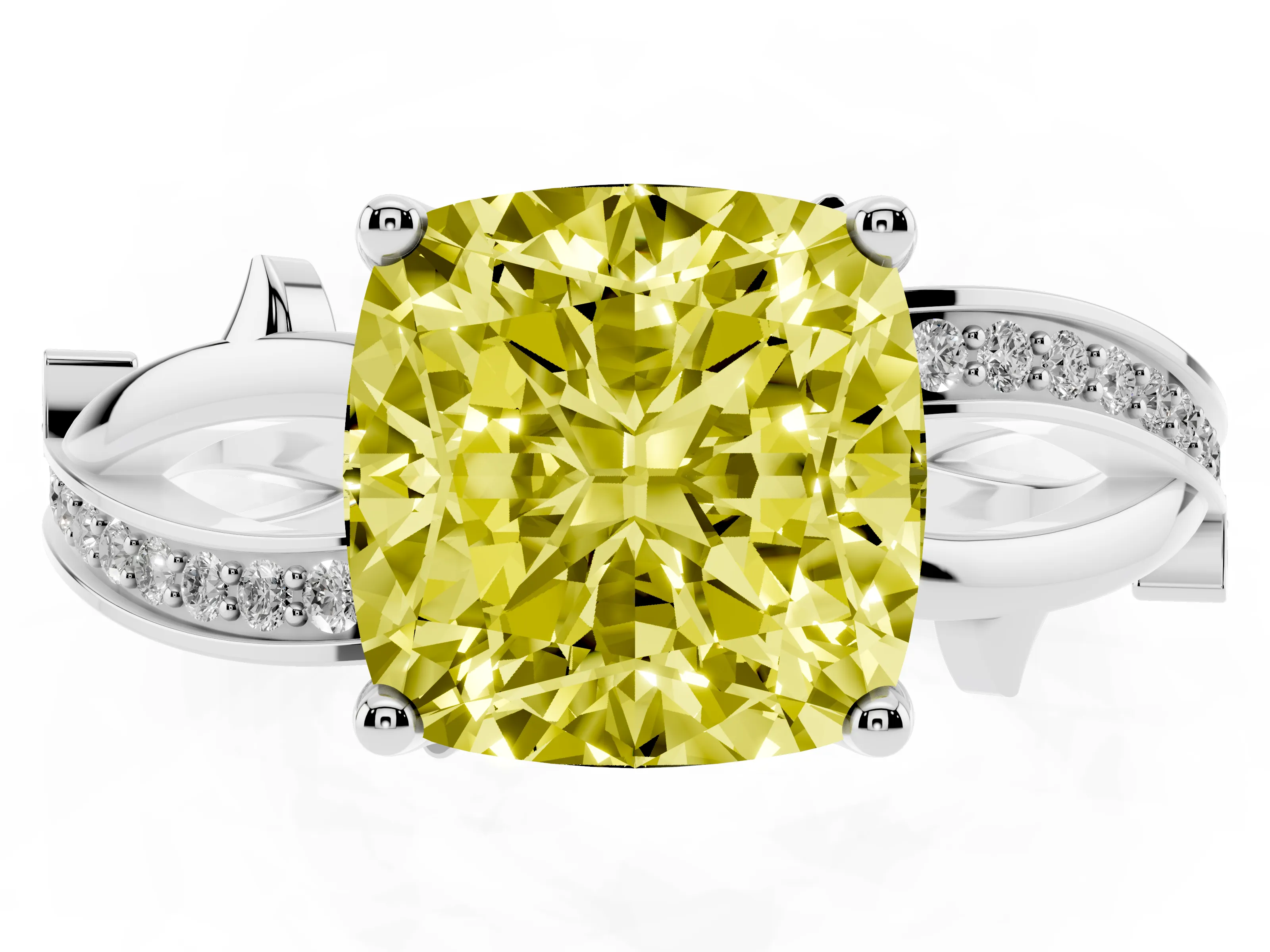 Fancy Yellow Cushion Cut Diamond Pavé Twist Band Solitaire Ring Set in Silver with Prong Setting