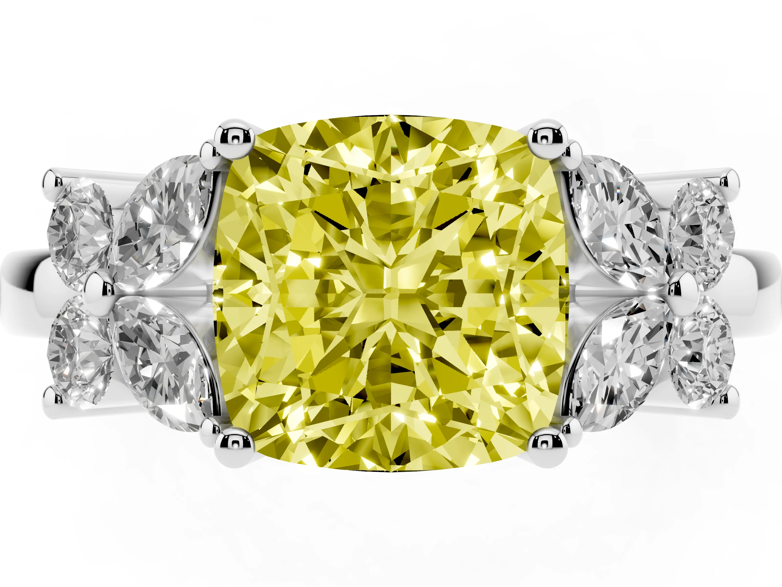 Fancy Yellow Cushion Cut Diamond Floral Cluster Ring Set in Platinum with Marquise Petals and Prong Setting