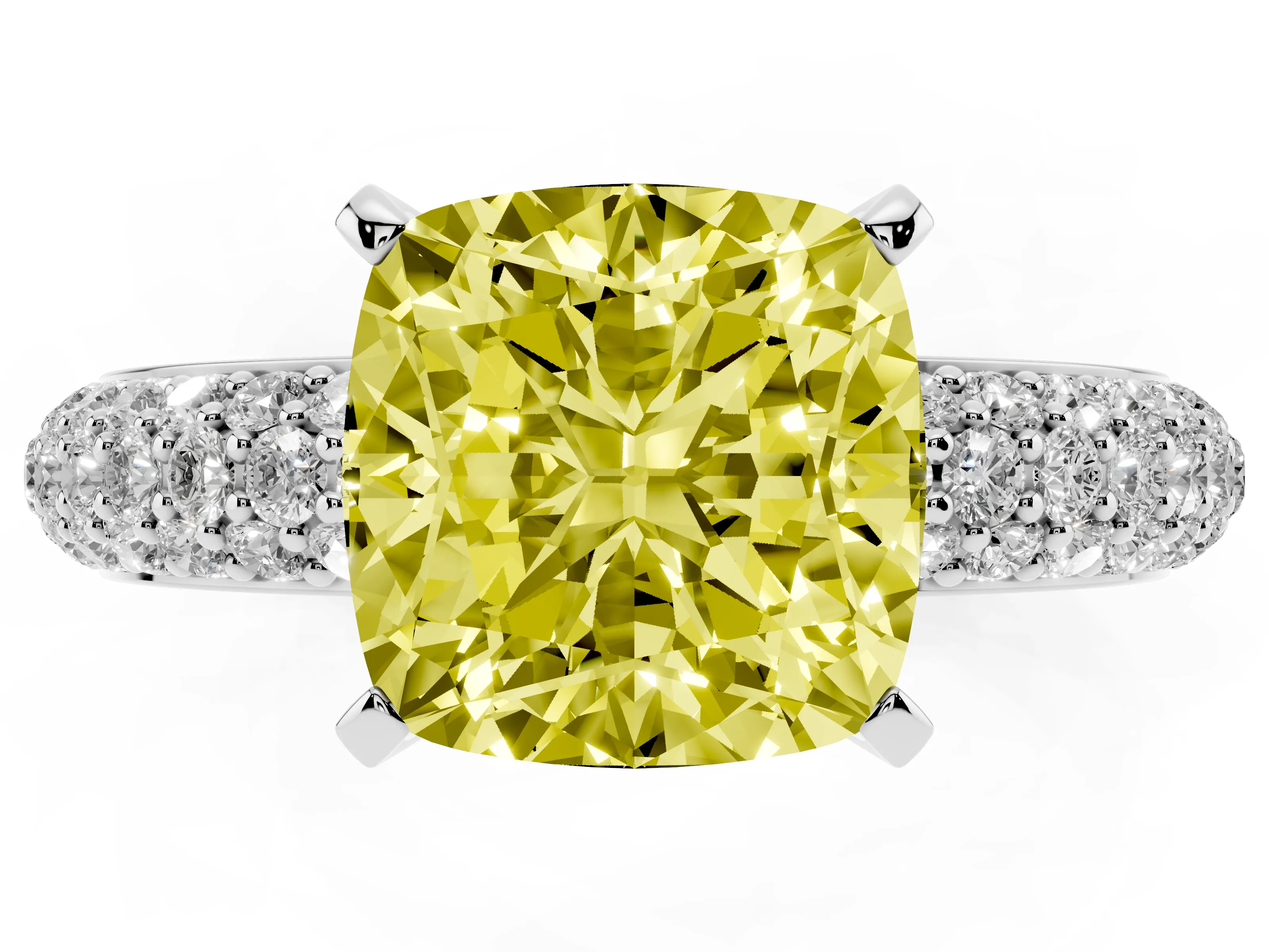 Fancy Yellow Cushion Cut Diamond Solitaire Ring Set in White gold with Prong Setting and Pavé-Set Band