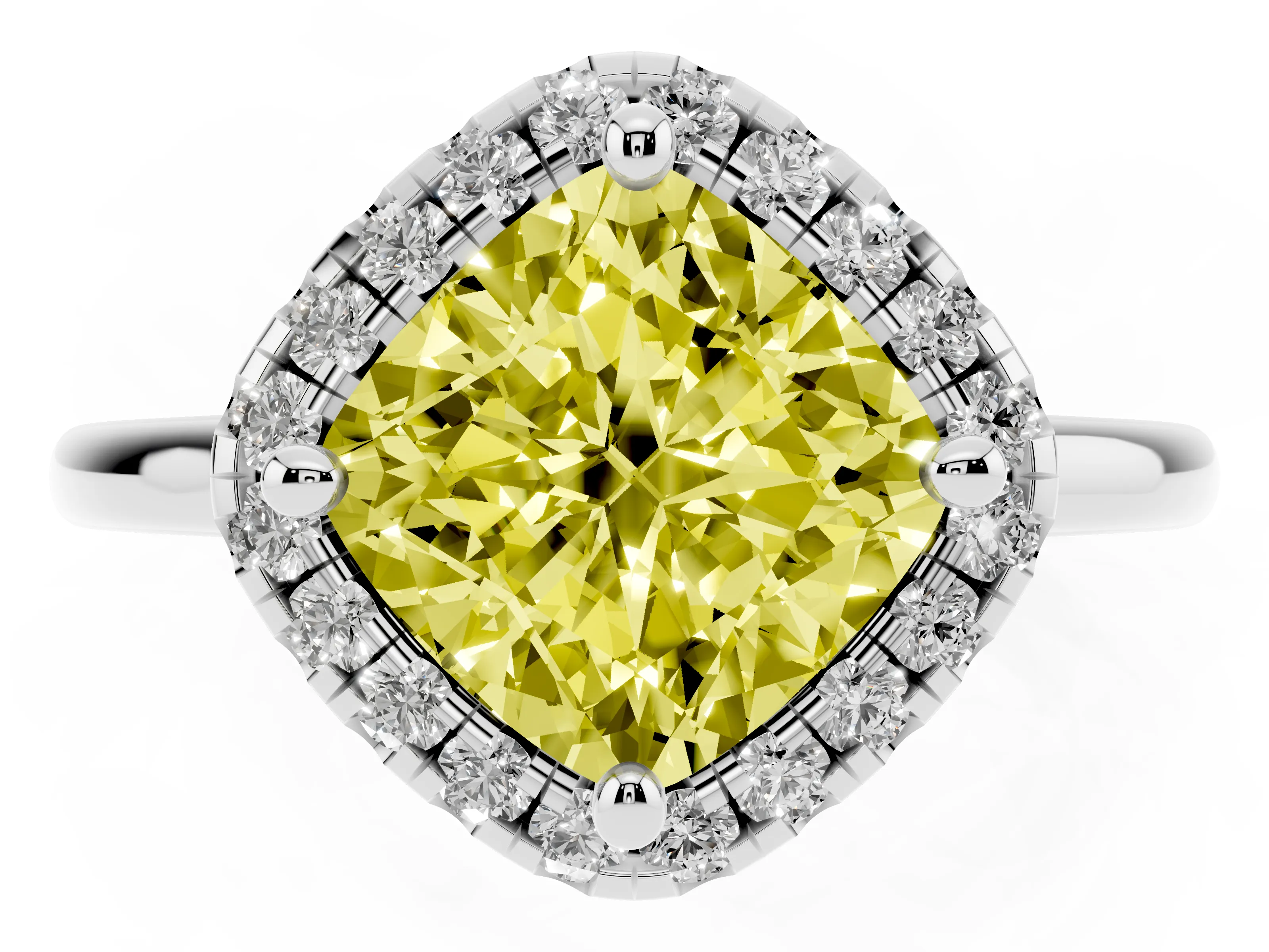 Fancy Yellow Cushion Cut Diamond Halo Engagement Ring Set in Platinum with Pavé Band and Rising Shoulders