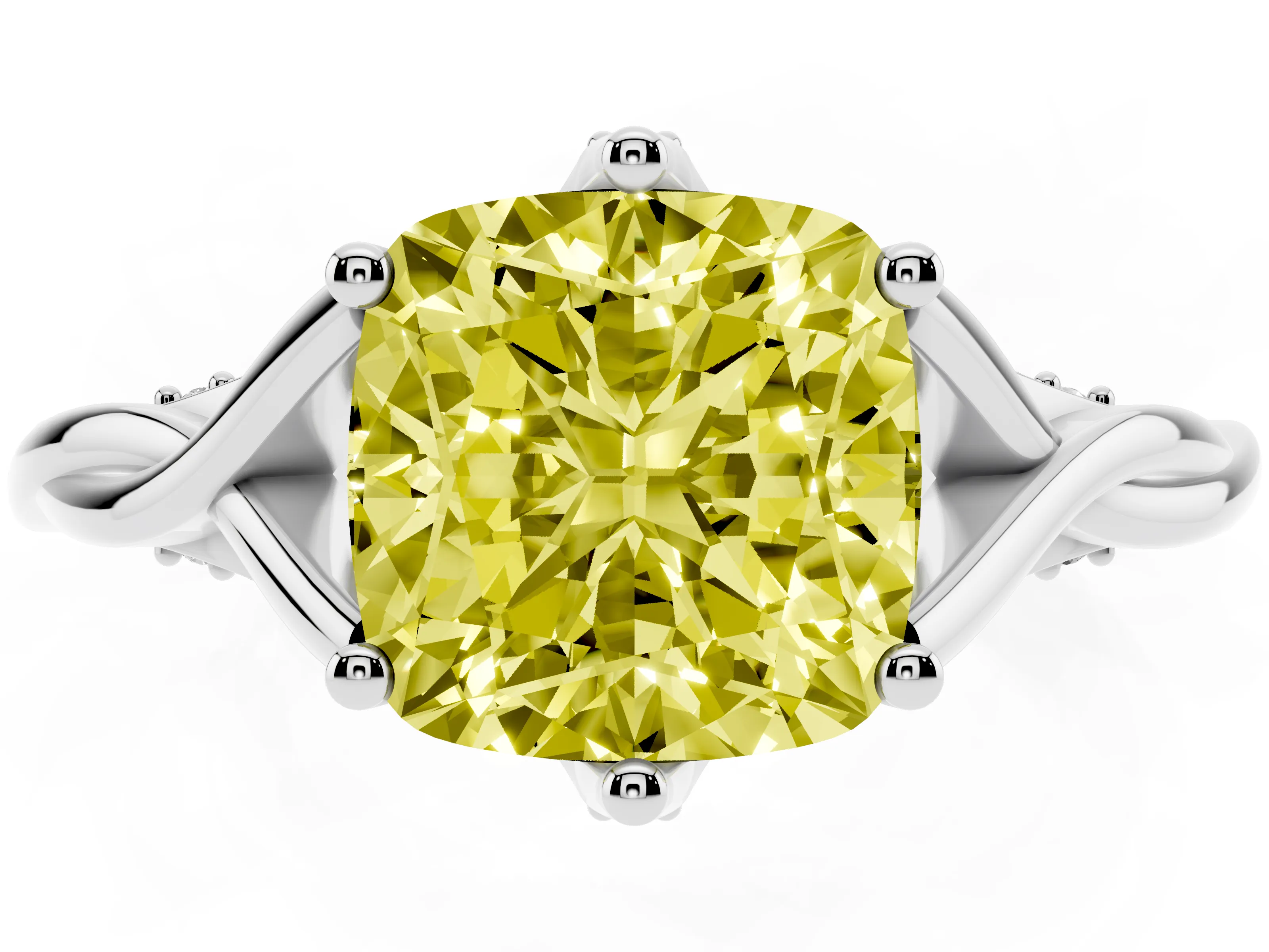 Fancy Yellow Cushion Cut Diamond Intertwined Twist Band Solitaire Ring Set in White gold with Prong Setting