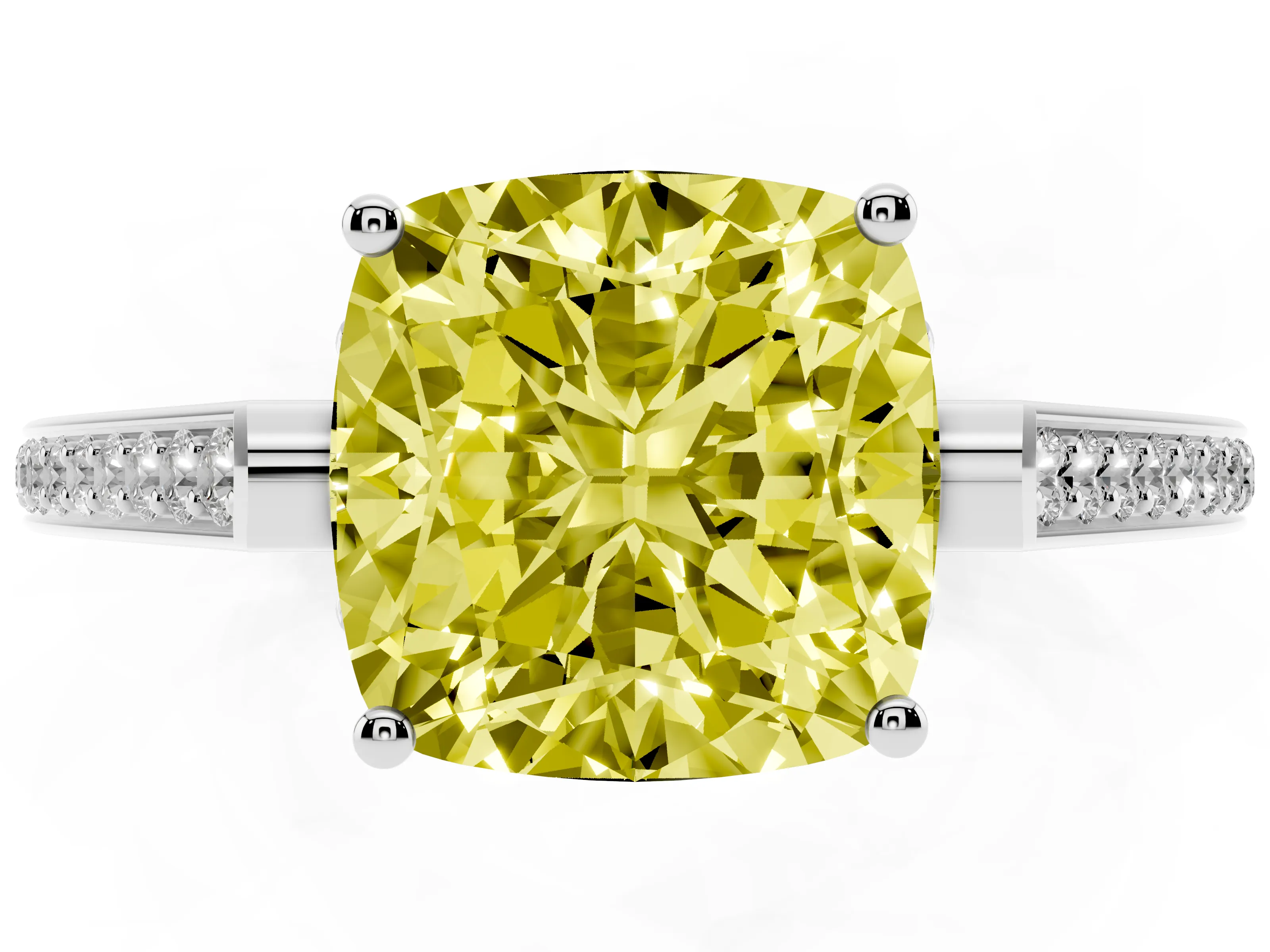 Fancy Yellow Cushion Cut Diamond Cathedral Pavé Engagement Ring Set in Platinum with Prong Setting