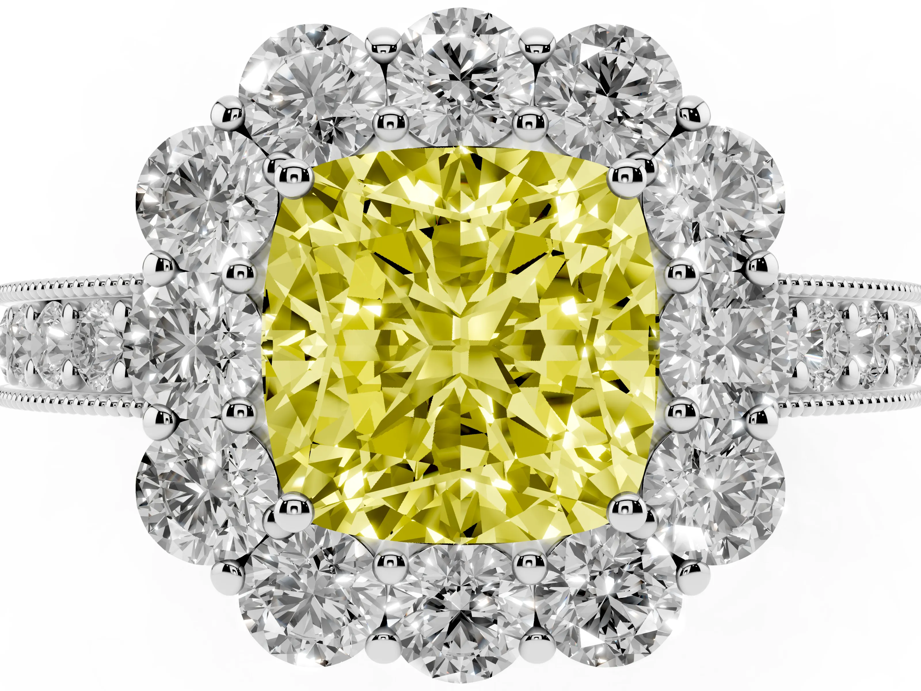 Fancy Yellow Cushion Cut Diamond Halo Pavé Engagement Ring Set in Silver with Milgrain Detailing