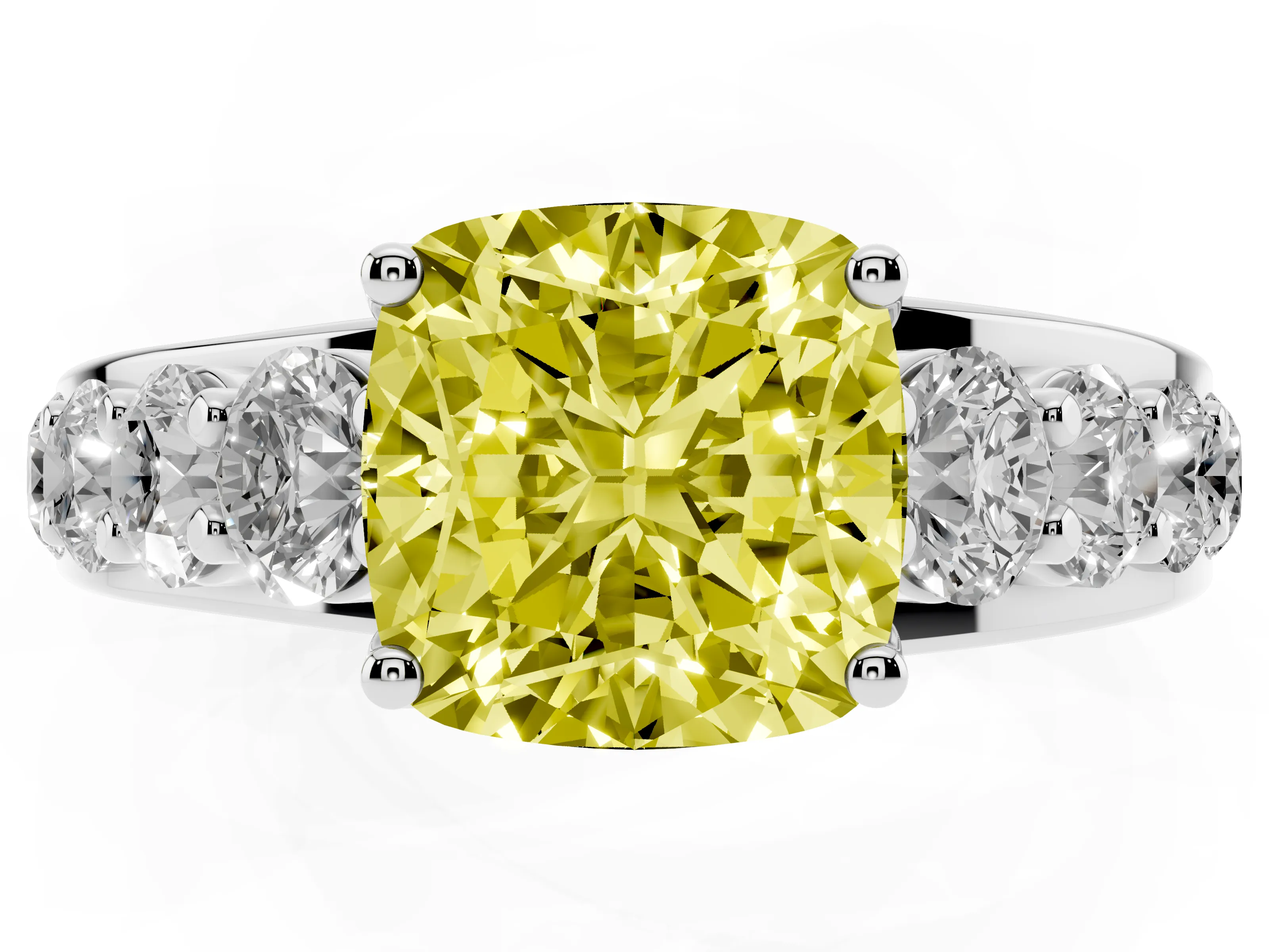 Fancy Yellow Cushion Cut Diamond Pavé Engagement Ring Set in Silver with Prong Setting