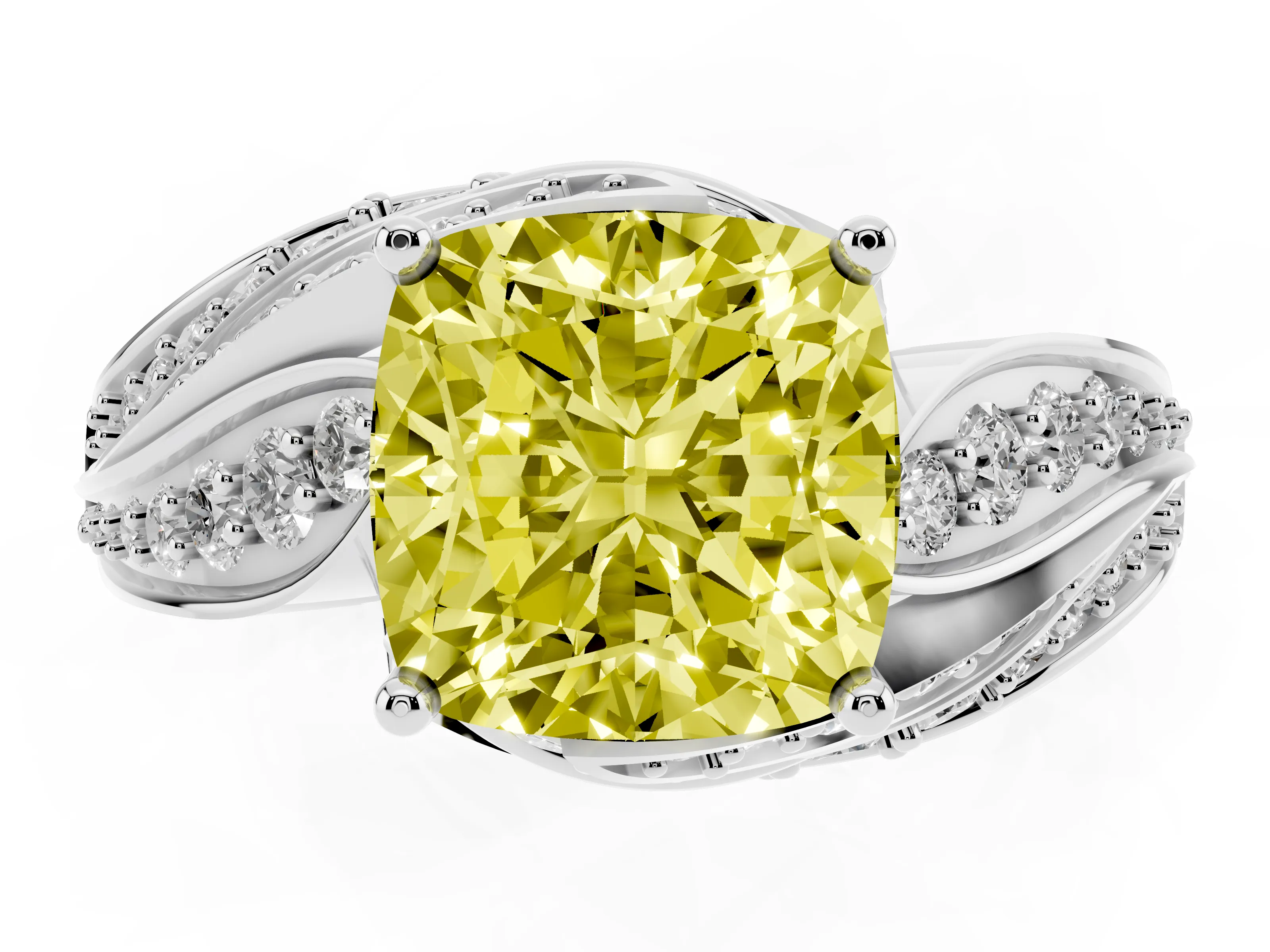 Fancy Yellow Cushion Cut Diamond Solitaire Ring Set in Silver with Layered Twist Pavé Band