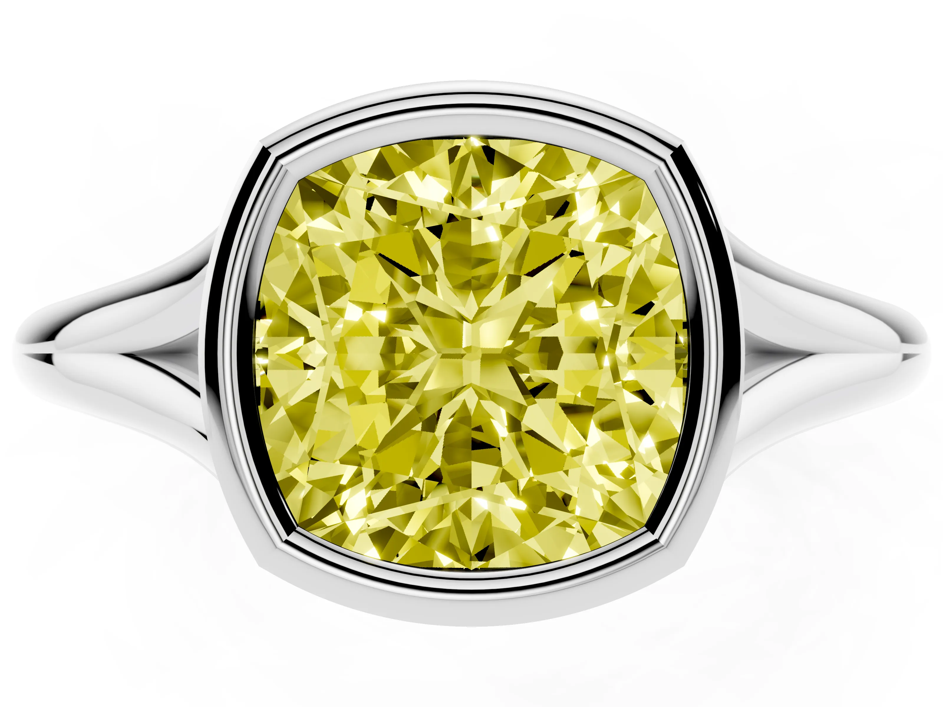 Fancy Yellow Bezel Set Cushion Cut Diamond Solitaire Ring Set in Silver with Tapered Band