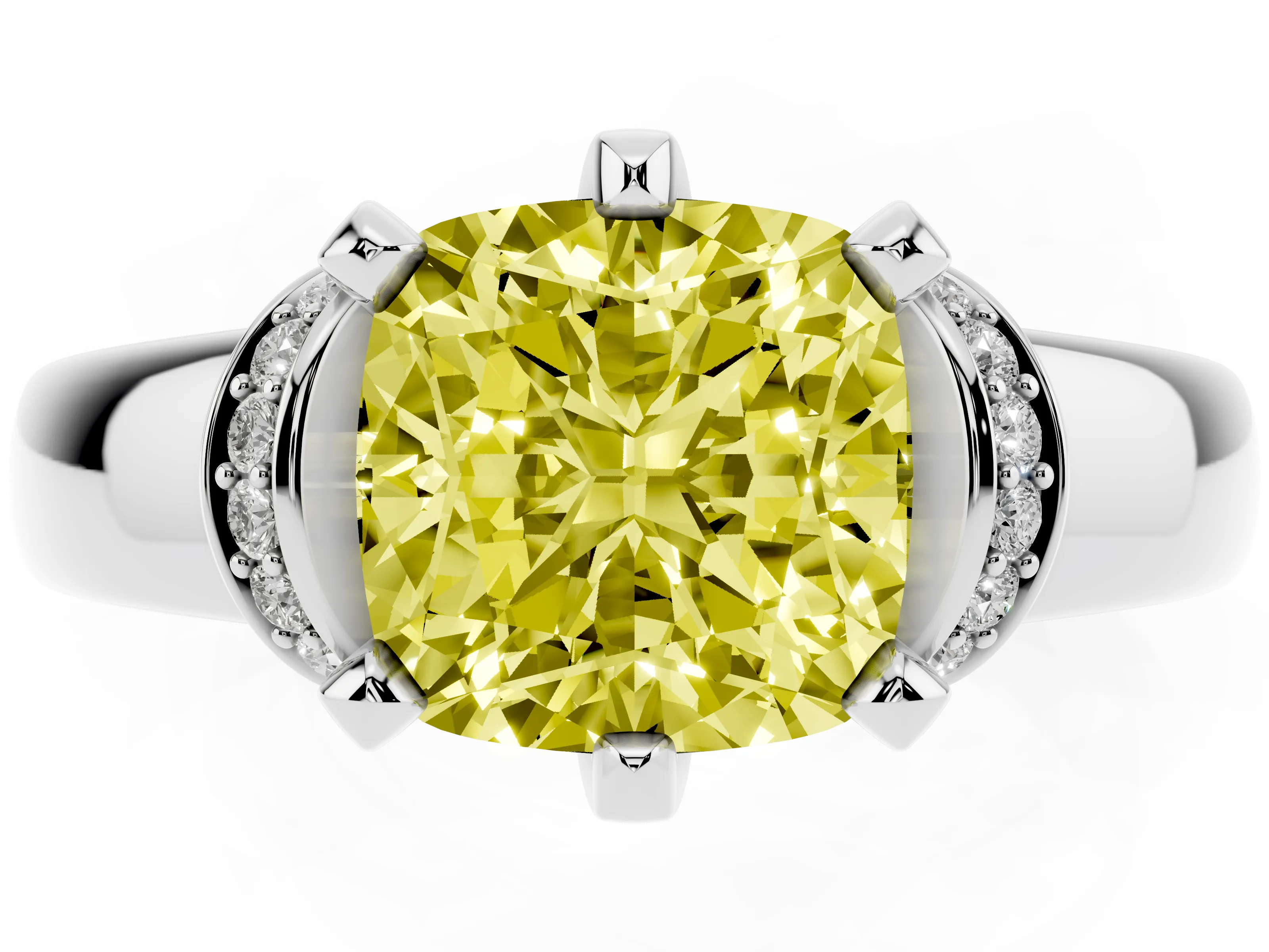 Fancy Yellow Cushion Cut Diamond Pavé Band Solitaire Ring Set in Silver with Prong Setting