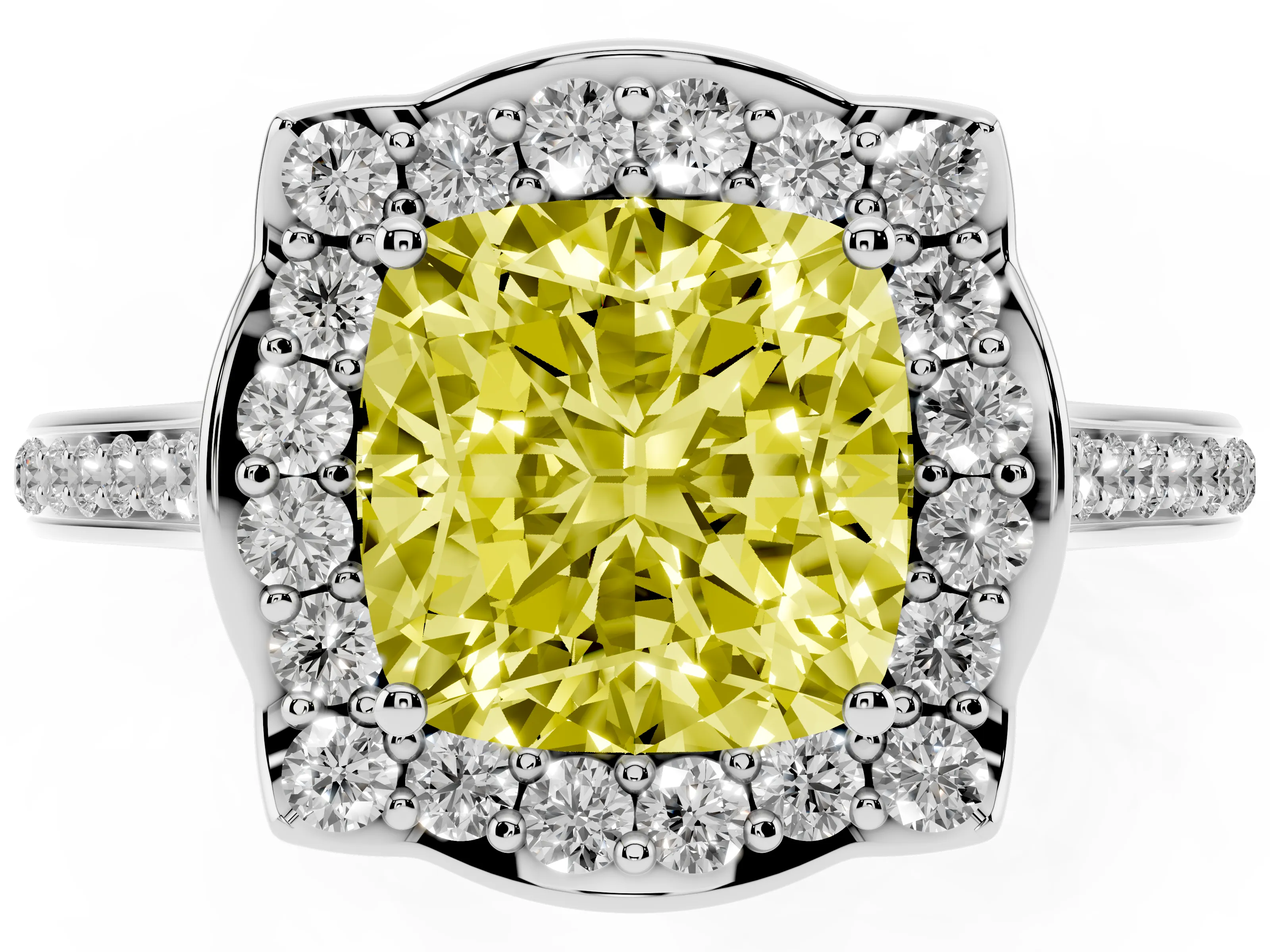 Fancy Yellow Cushion Cut Diamond Halo Ring Set in Platinum with Pavé-Lined Shoulders and Prong Setting
