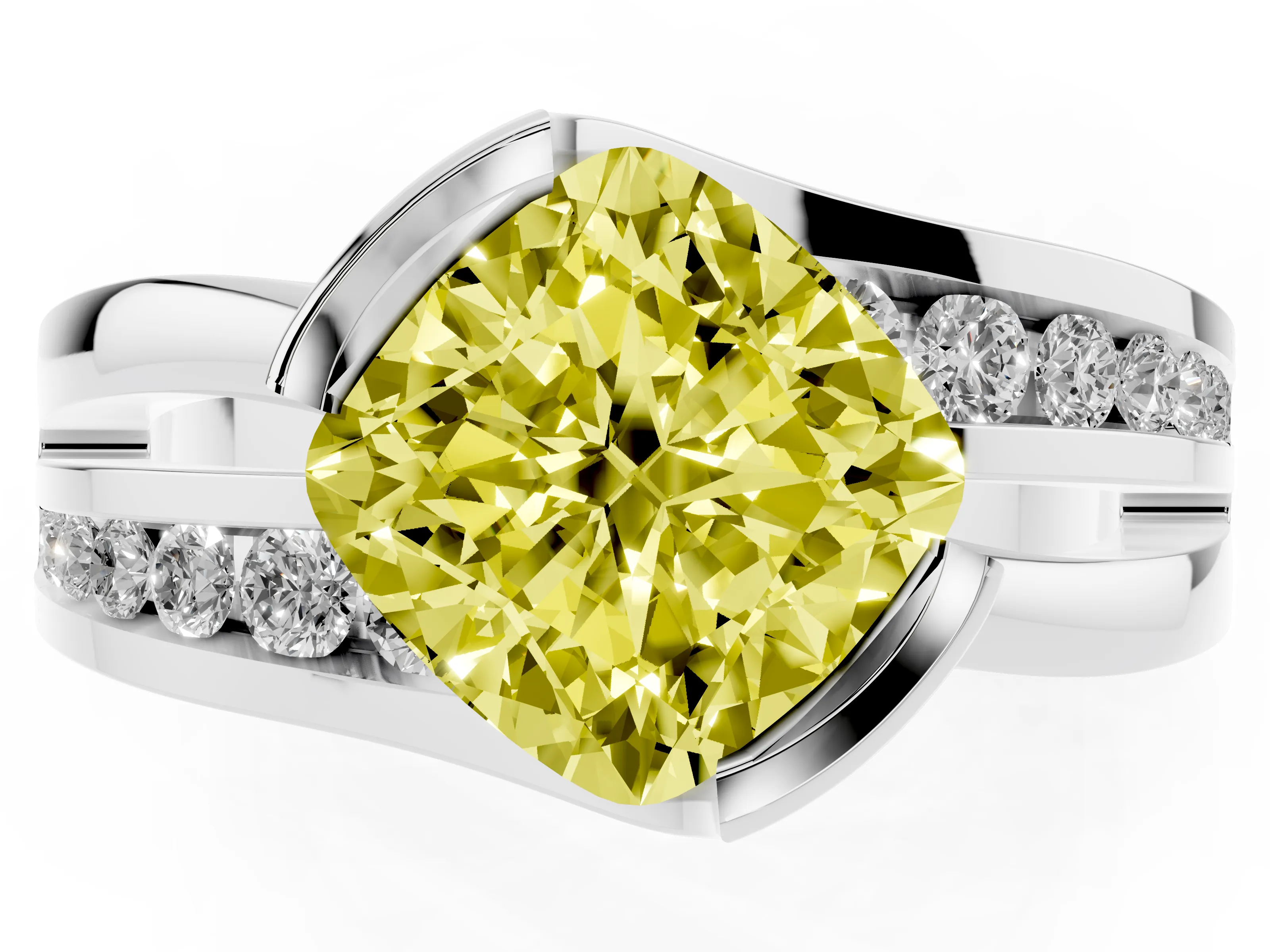 Fancy Yellow Cushion Cut Diamond Solitaire Ring Set in White gold with Channel Set Split Shank and Tension Prongs
