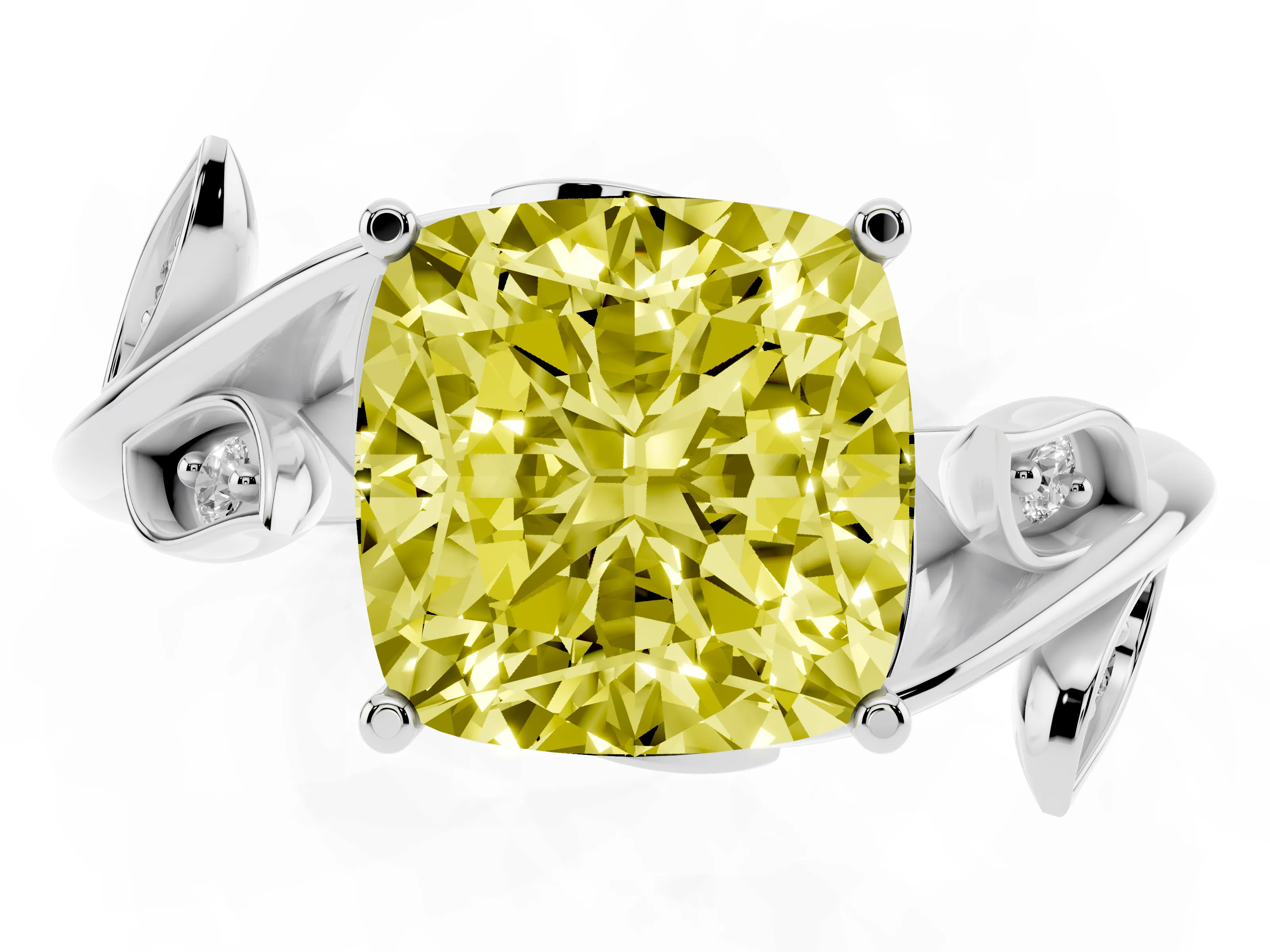Fancy Yellow Cushion Cut Diamond Solitaire Twist Engagement Ring Set in Platinum with Pavé Leaf Accents