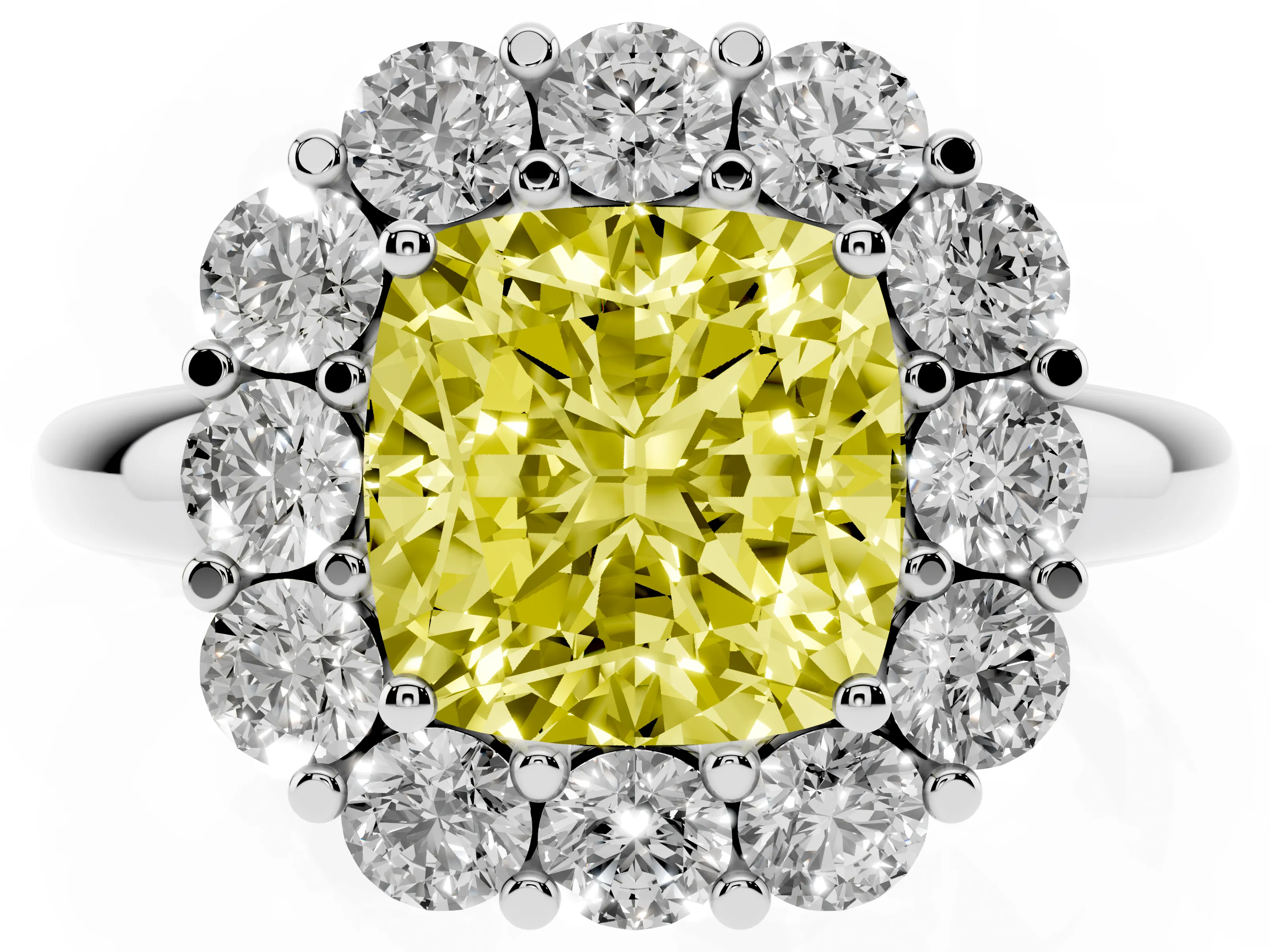 Fancy Yellow Cushion Cut Diamond Halo Cluster Engagement Ring Set in Platinum with Polished Band and Prong Setting