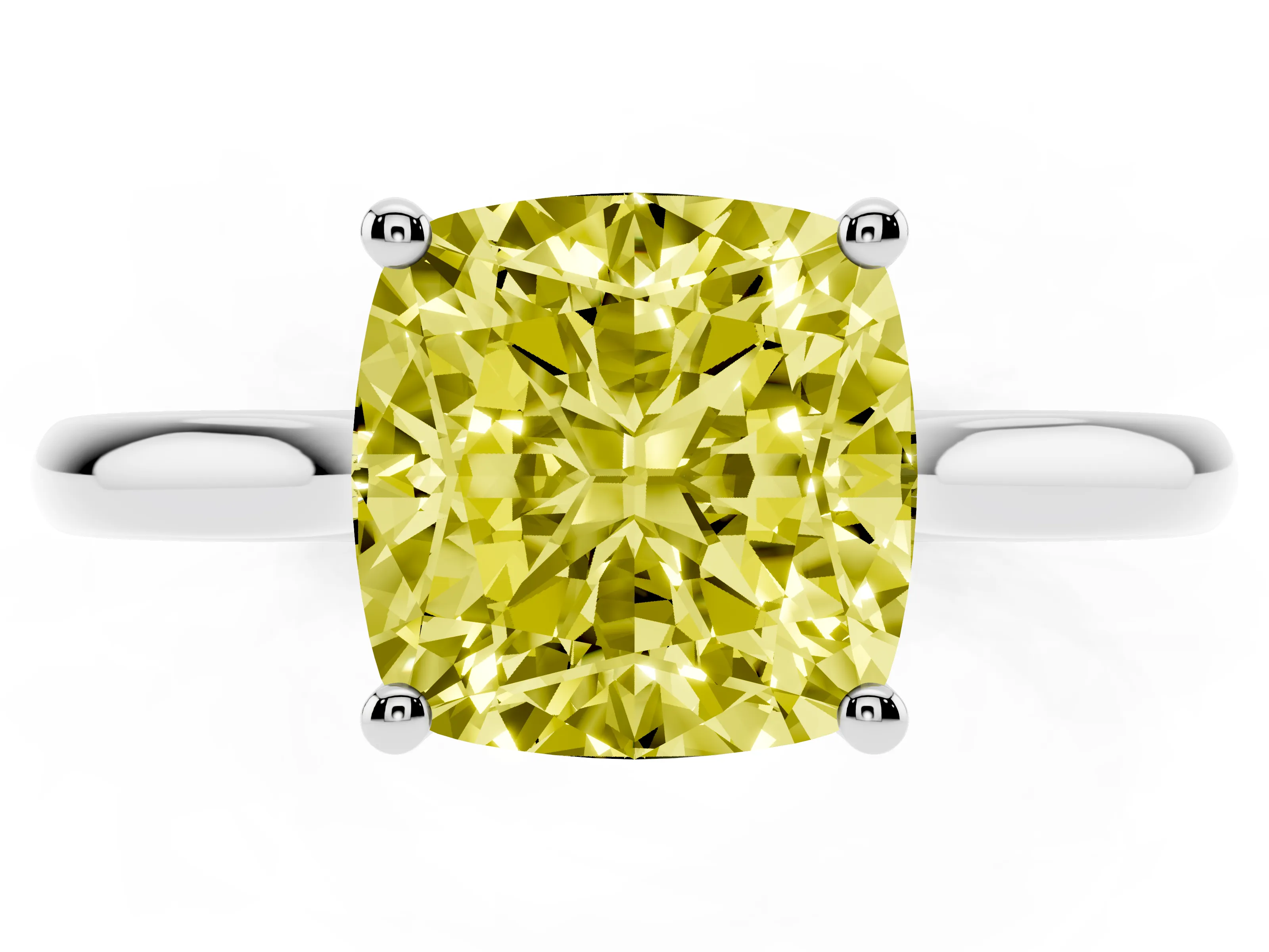 Fancy Yellow Cushion Cut Diamond Solitaire Ring Set in Platinum with Cathedral Band and Prong Setting