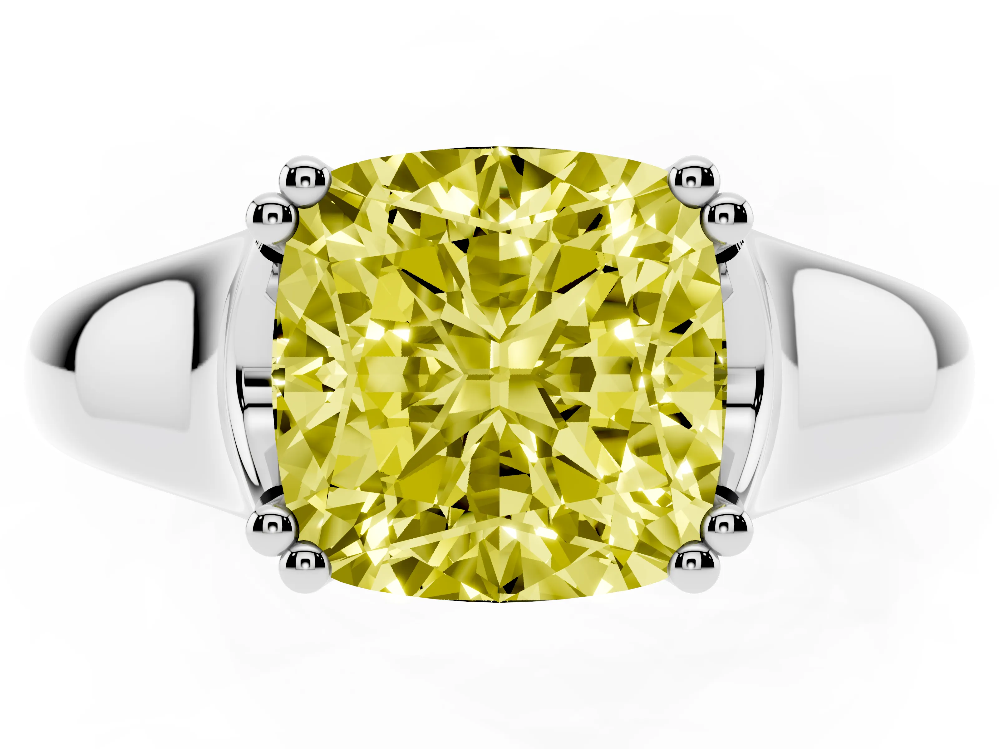 Fancy Yellow Cushion Cut Diamond Solitaire Ring Set in Silver with Wide Band and Prong Setting