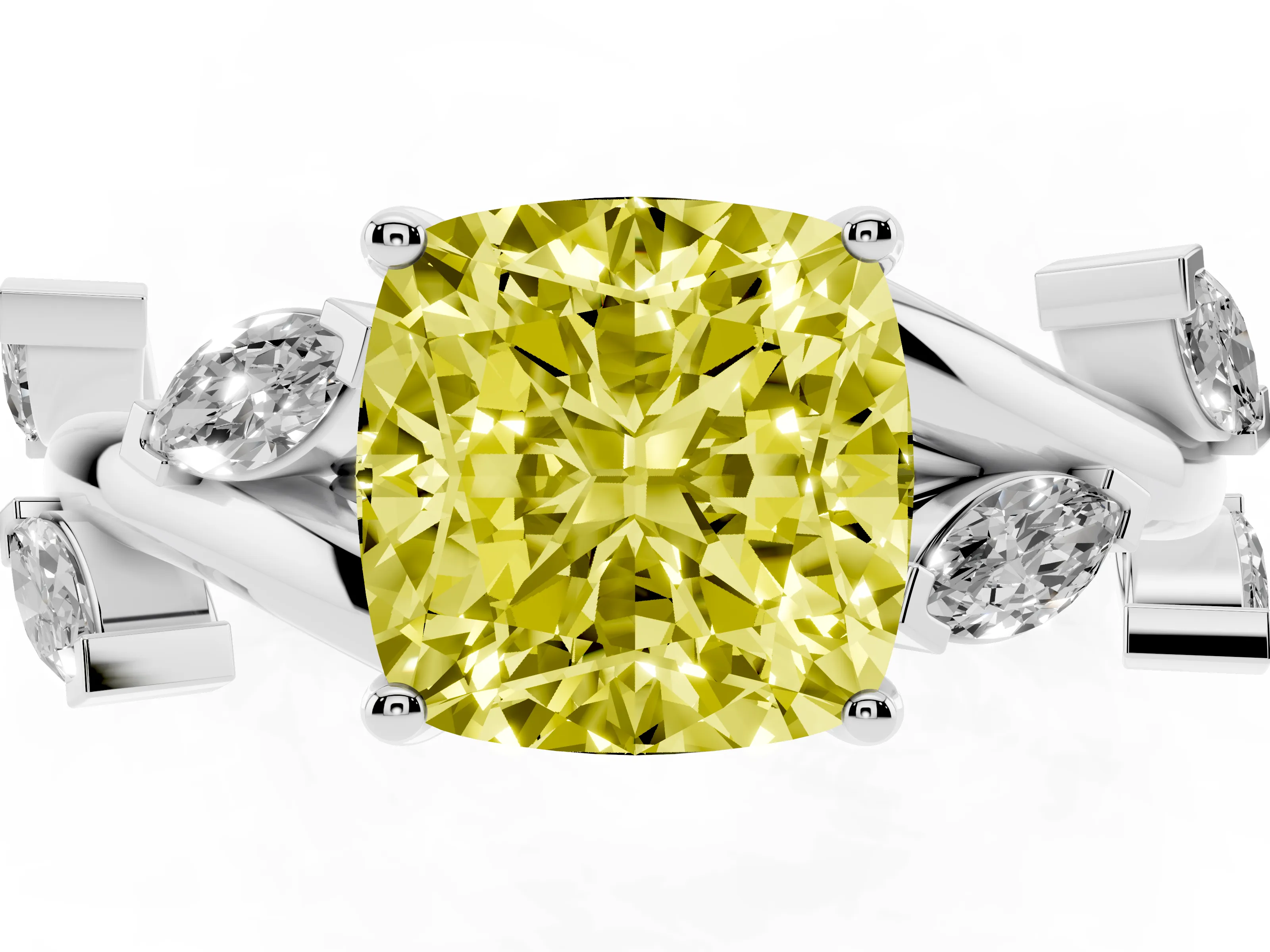 Fancy Yellow Cushion Cut Diamond Solitaire Ring Set in Platinum with Twisted Marquise Accent Band