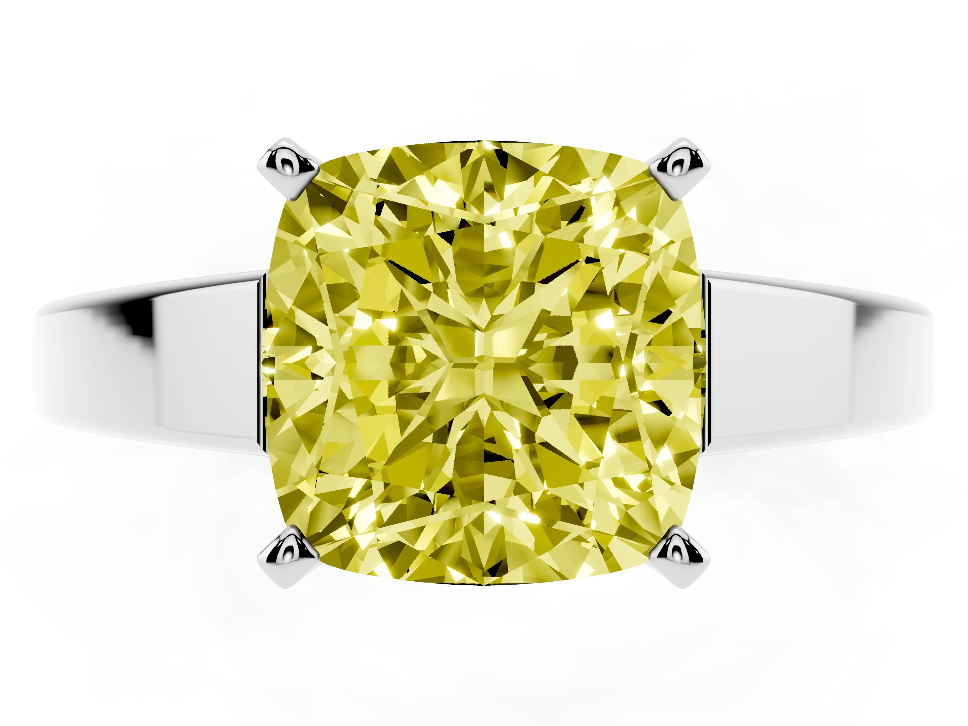 Fancy Yellow Cushion Cut Diamond Solitaire Engagement Ring Set in White gold with Prong Setting and Tapered Band