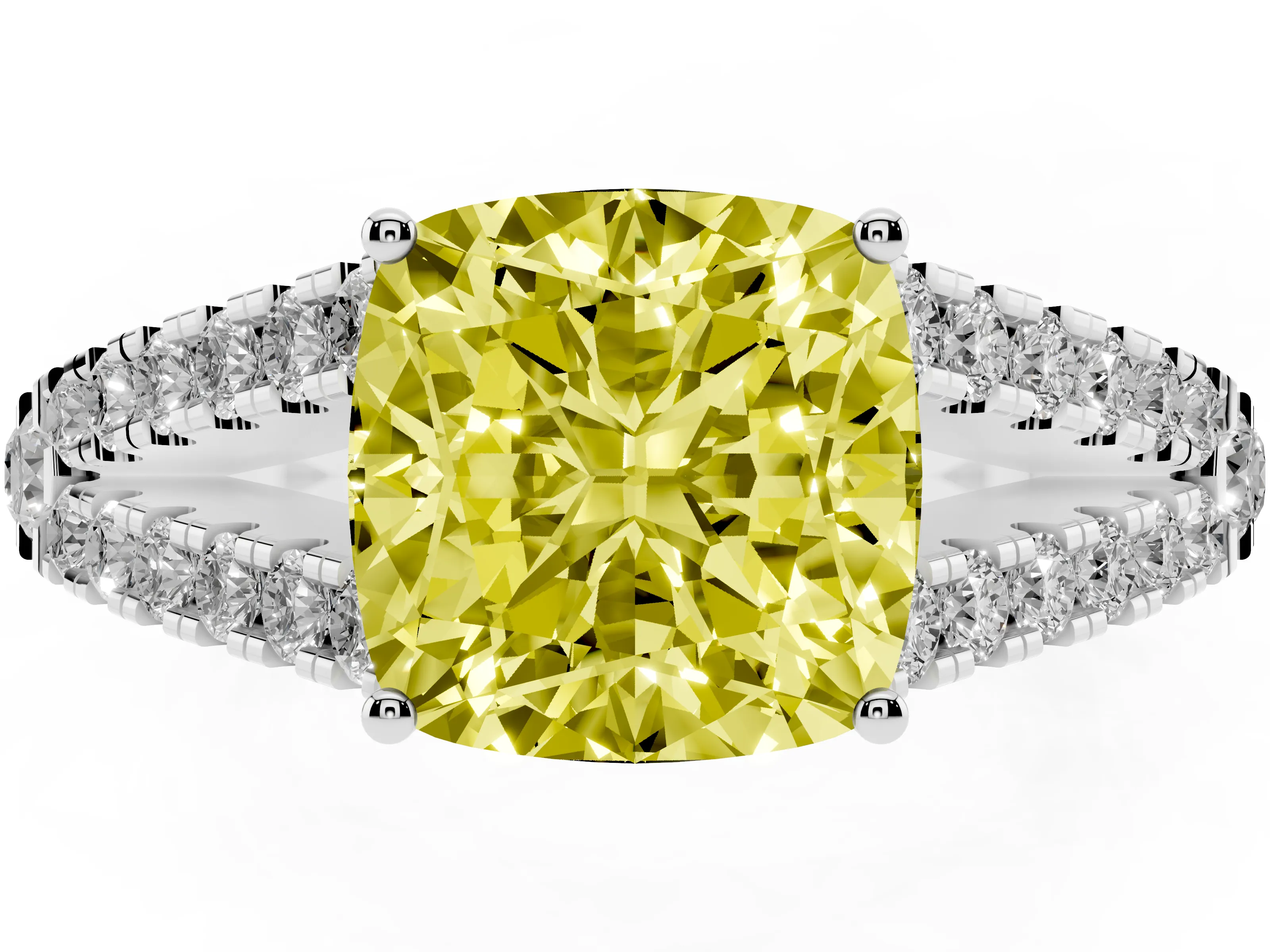 Fancy Yellow Cushion Cut Diamond Split Shank Pavé Engagement Ring Set in Platinum with Prong-Held Center Stone