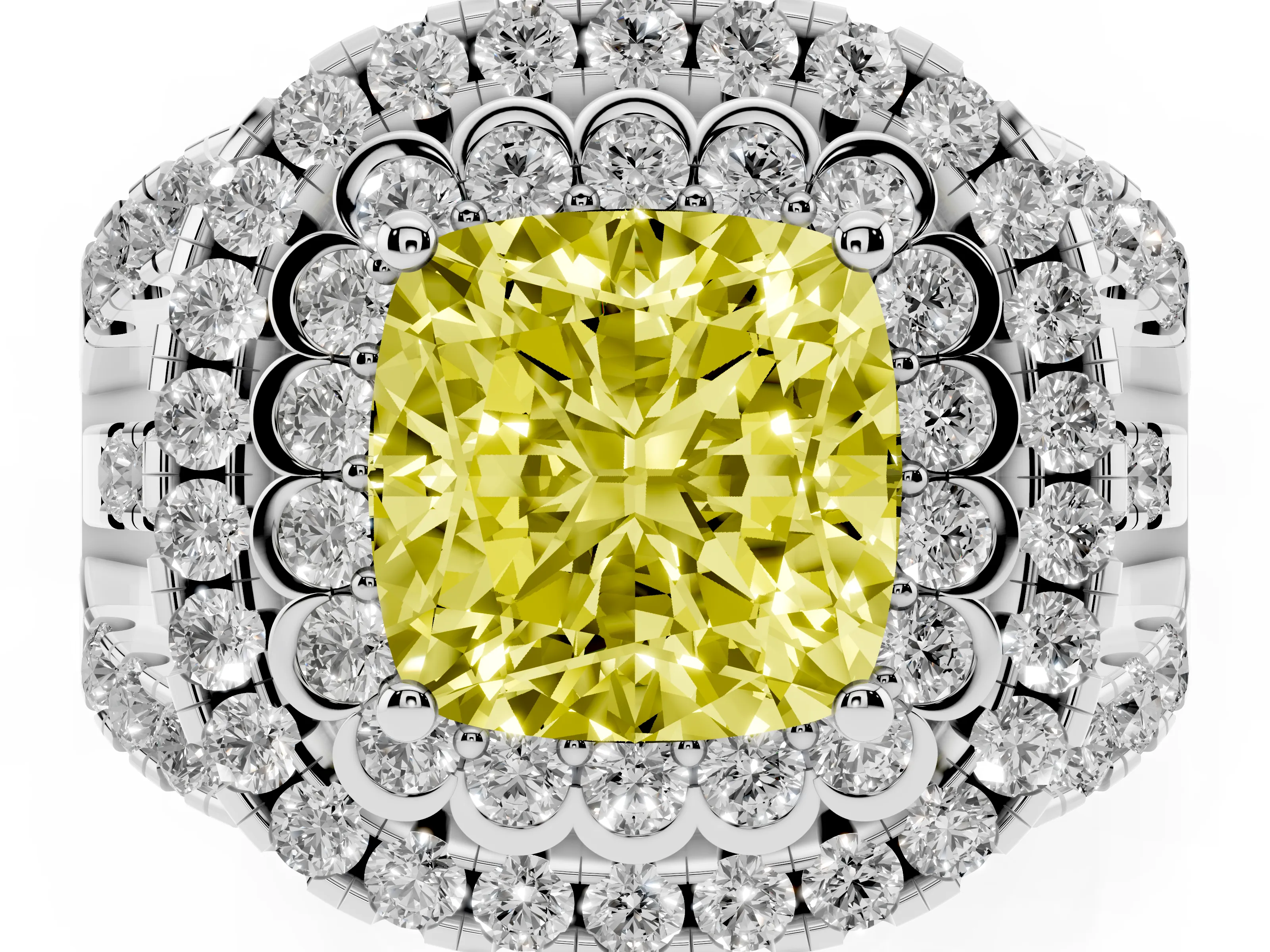 Fancy Yellow Cushion Cut Diamond Double Halo Ring Set in Silver with Round Pavé Split Shank