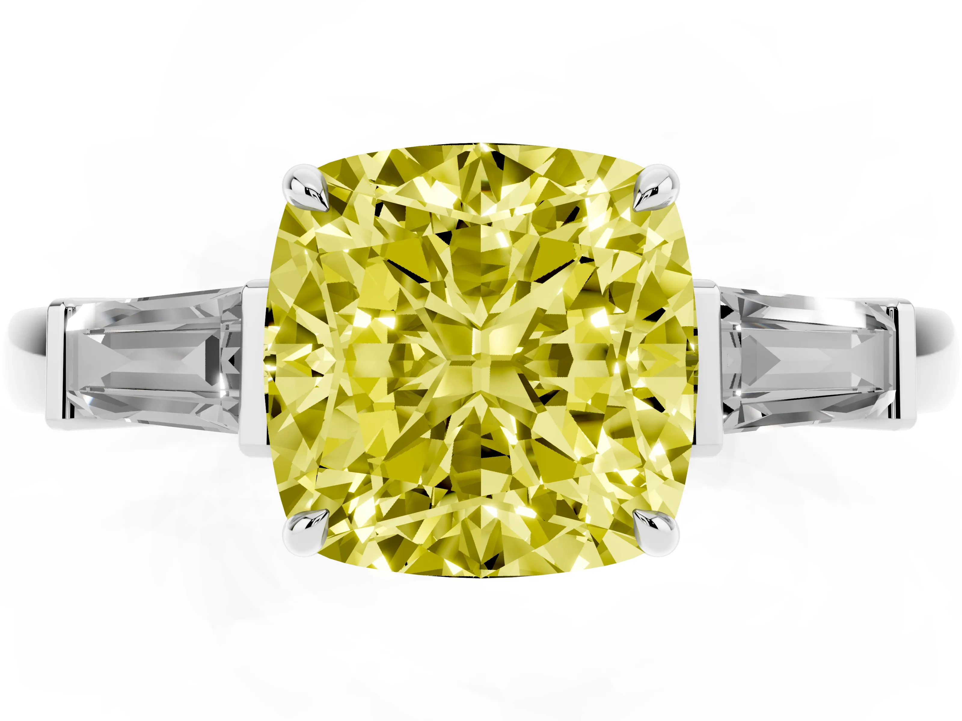 Fancy Yellow Cushion Cut Diamond Three-Stone Ring Set in Platinum with Tapered Baguette Side Stones and Prong Setting