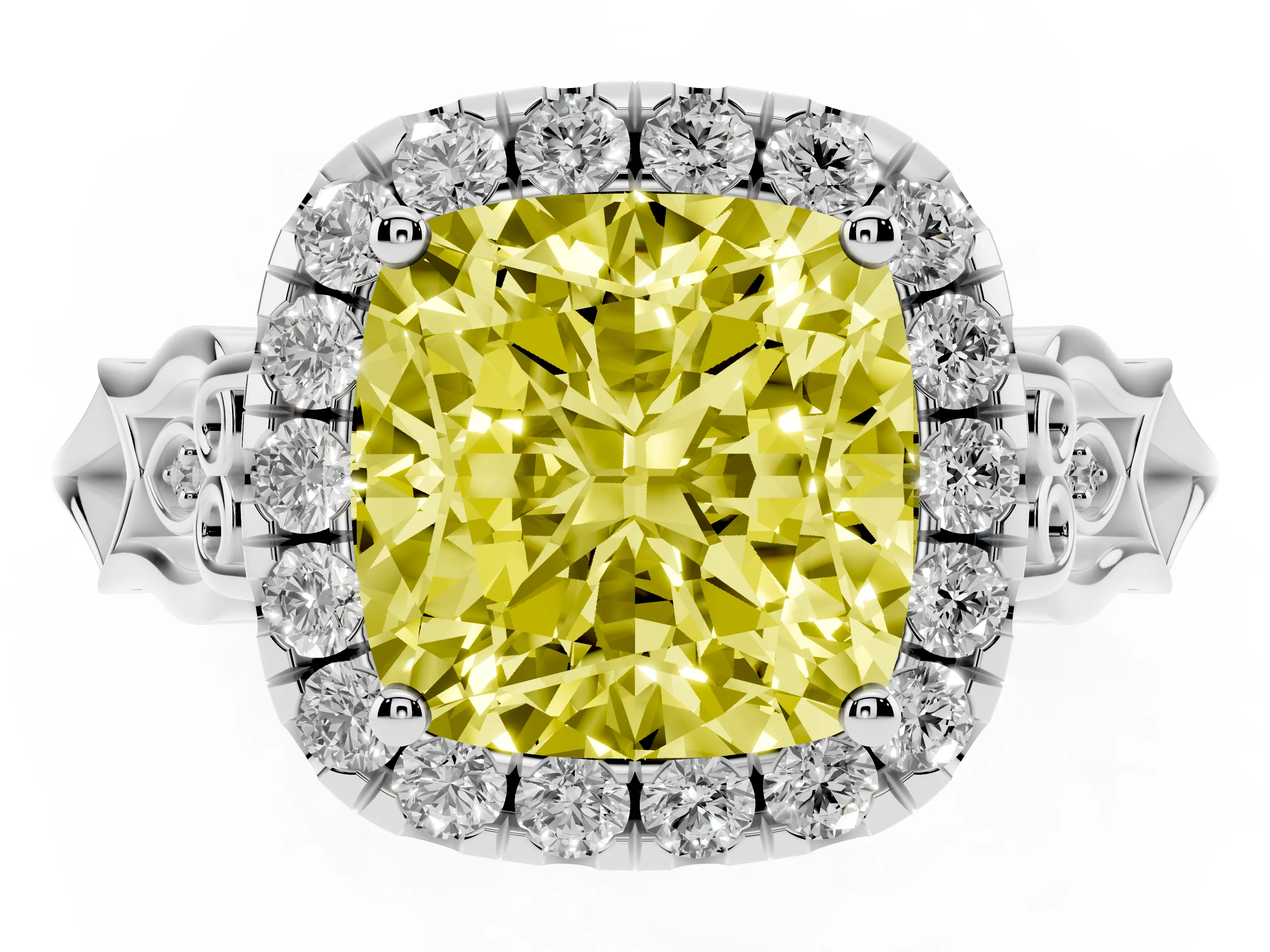 Fancy Yellow Cushion Cut Diamond Halo Engagement Ring Set in Platinum with Filigree Band and Prong-Set Center