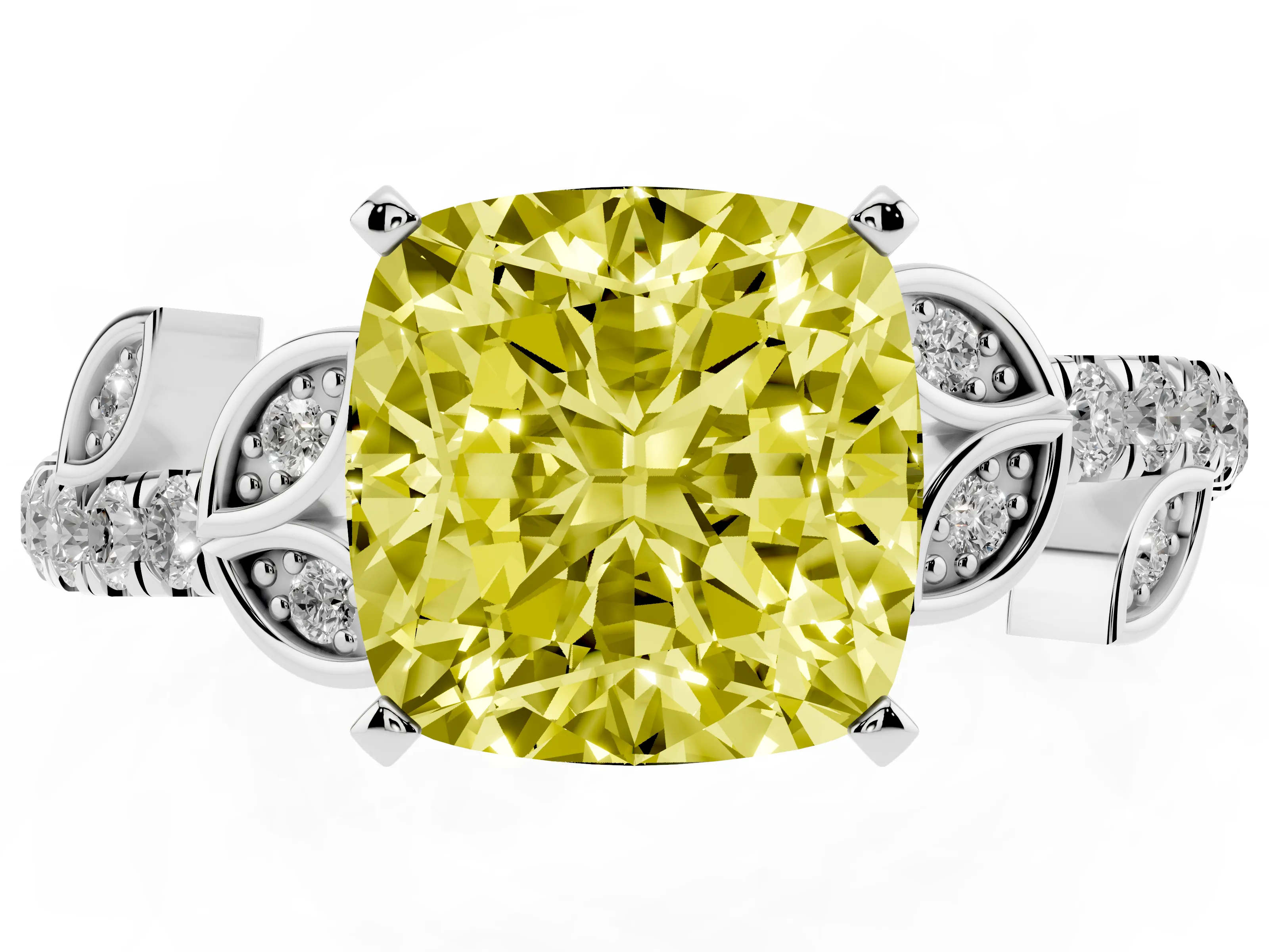 Fancy Yellow Cushion Cut Diamond Solitaire Leaf-Inspired Ring Set in Platinum with Pavé Band and Prong Setting