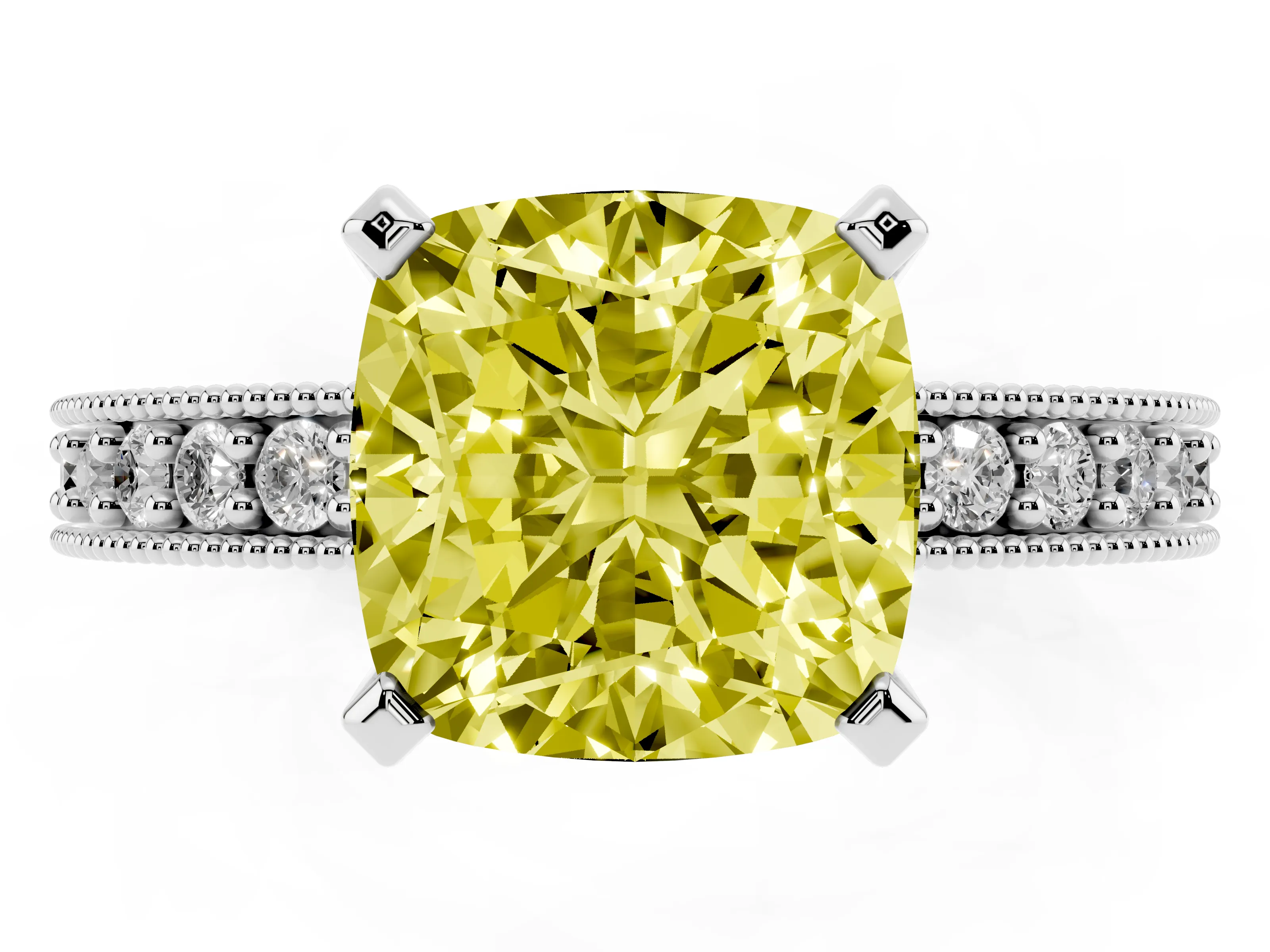 Fancy Yellow Cushion Cut Diamond Milgrain Pavé Engagement Ring Set in Platinum with Prong Setting