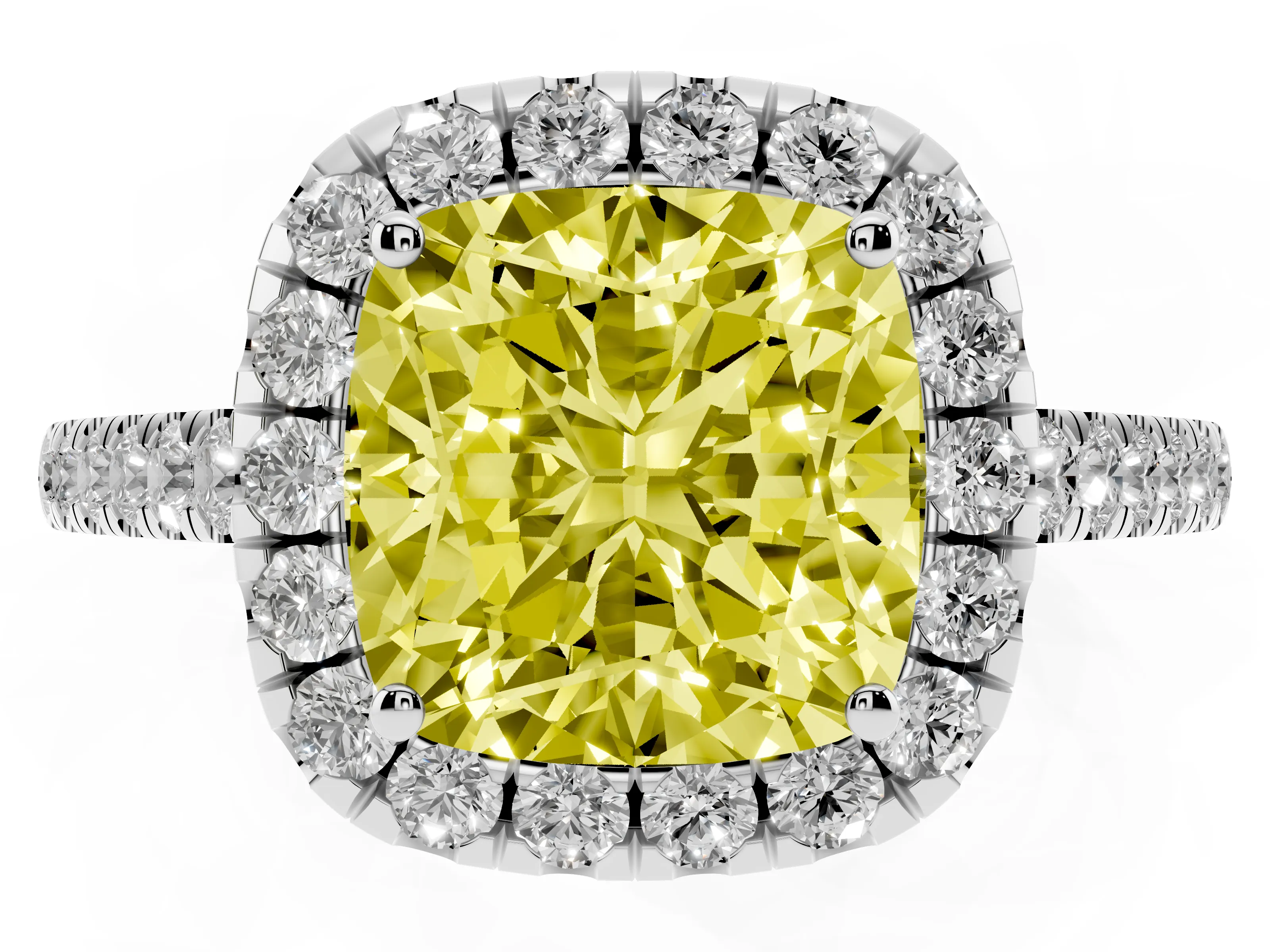 Fancy Yellow Cushion Cut Diamond Halo Pavé Engagement Ring Set in White gold with Prong Setting
